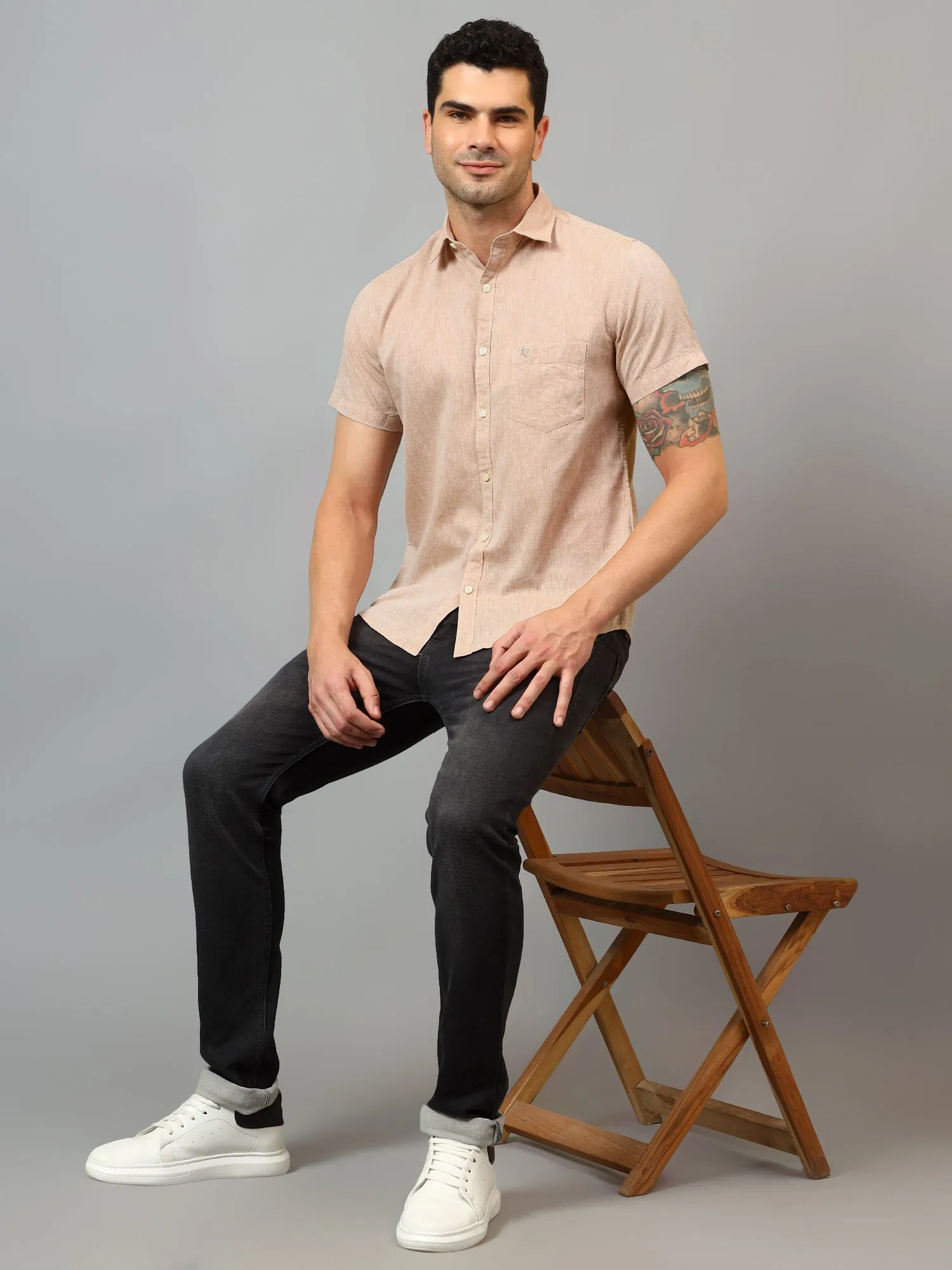 Men's Beige Casual Plain Half sleeve Shirt