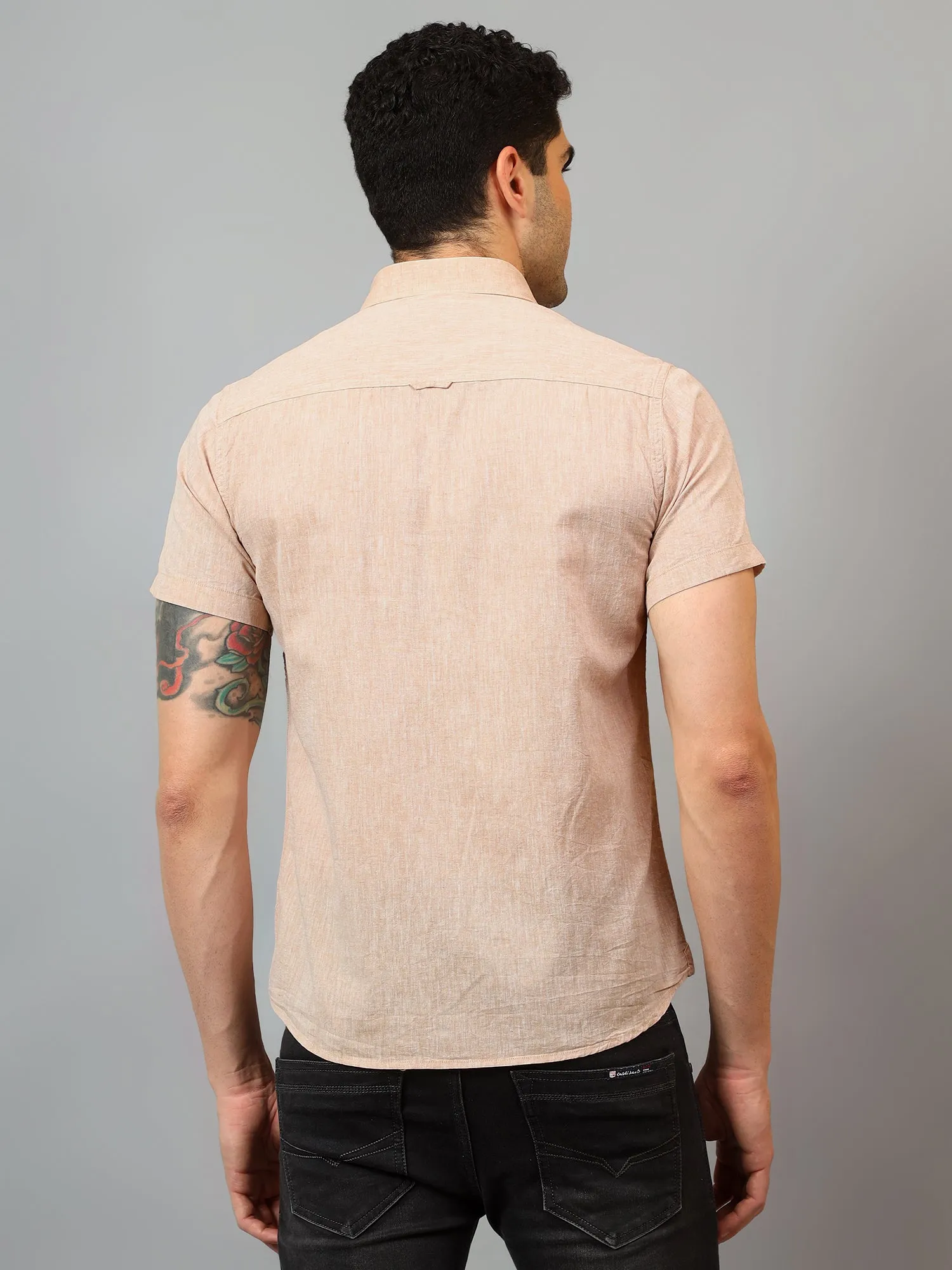 Men's Beige Casual Plain Half sleeve Shirt