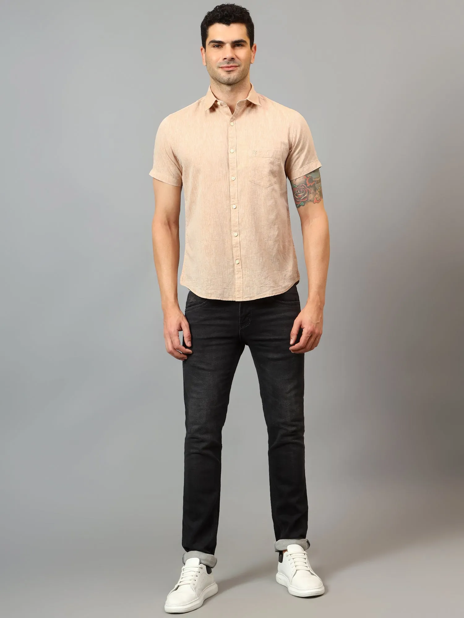 Men's Beige Casual Plain Half sleeve Shirt