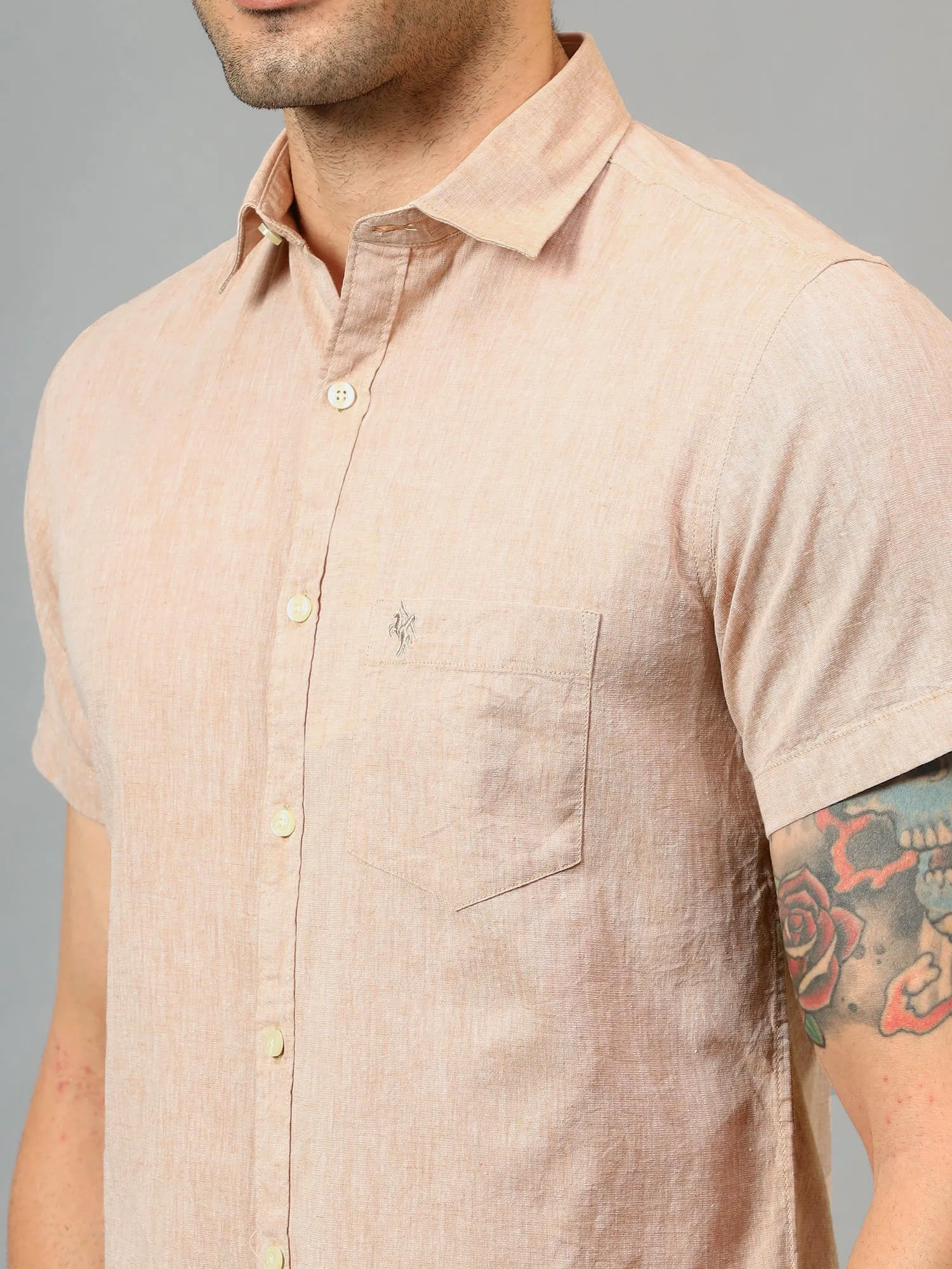 Men's Beige Casual Plain Half sleeve Shirt