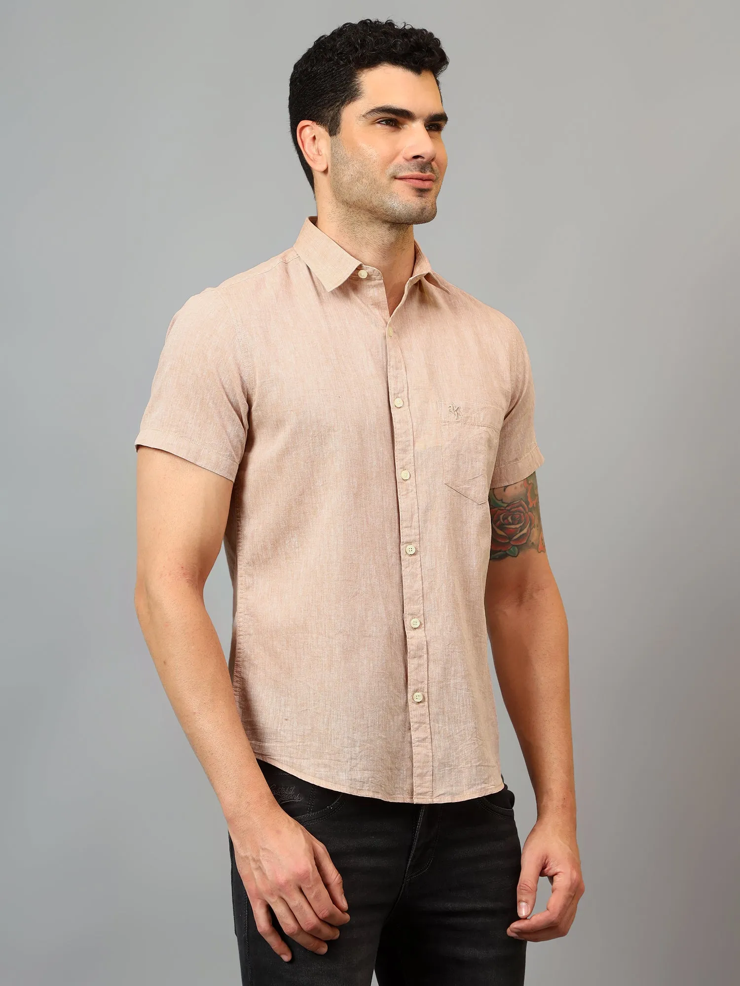 Men's Beige Casual Plain Half sleeve Shirt