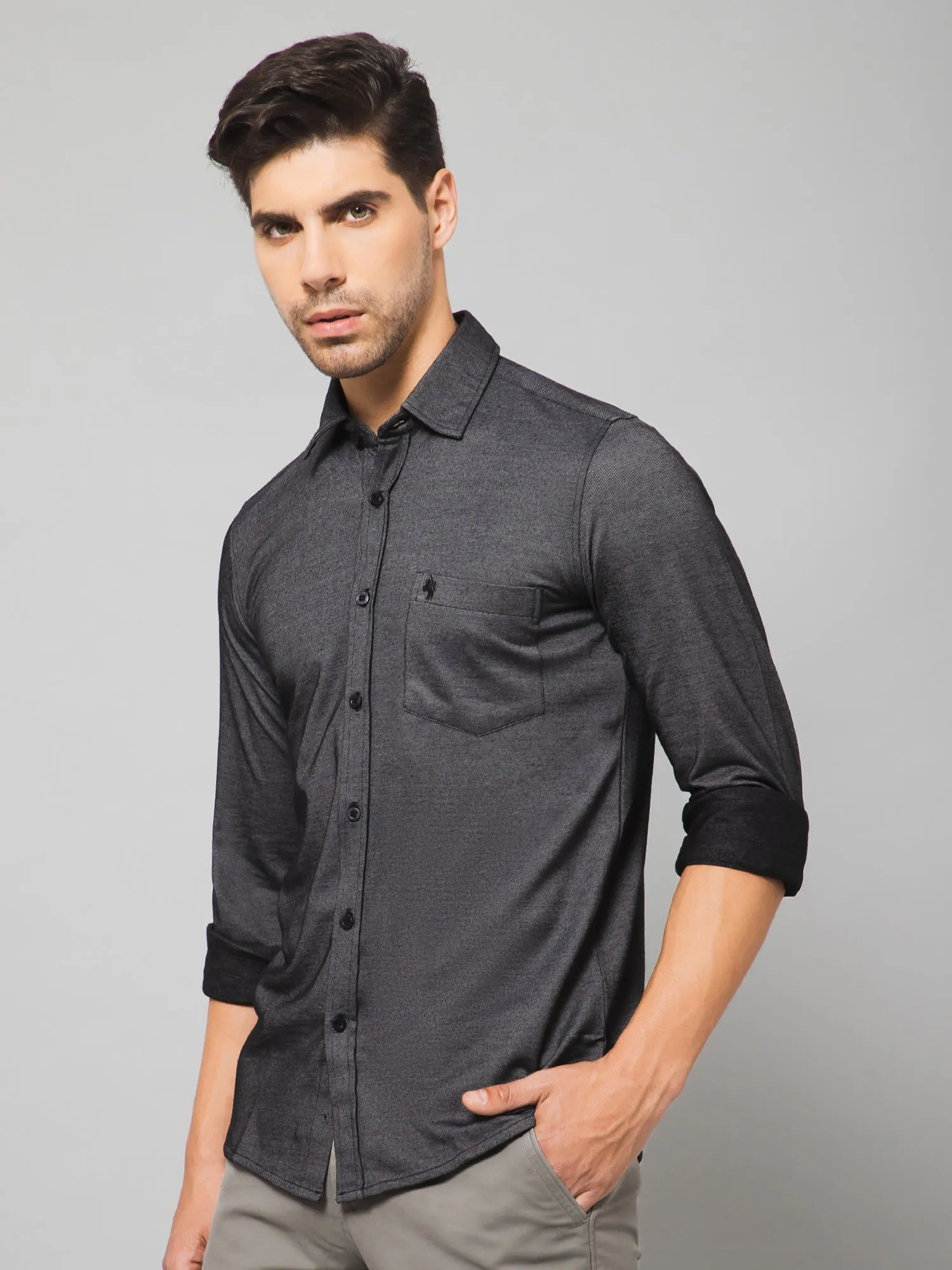 Men's Black Casual Knit Jersey Full Sleeve Shirt