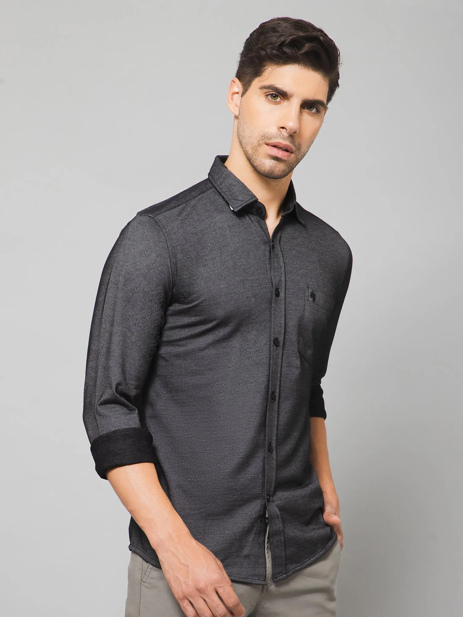 Men's Black Casual Knit Jersey Full Sleeve Shirt