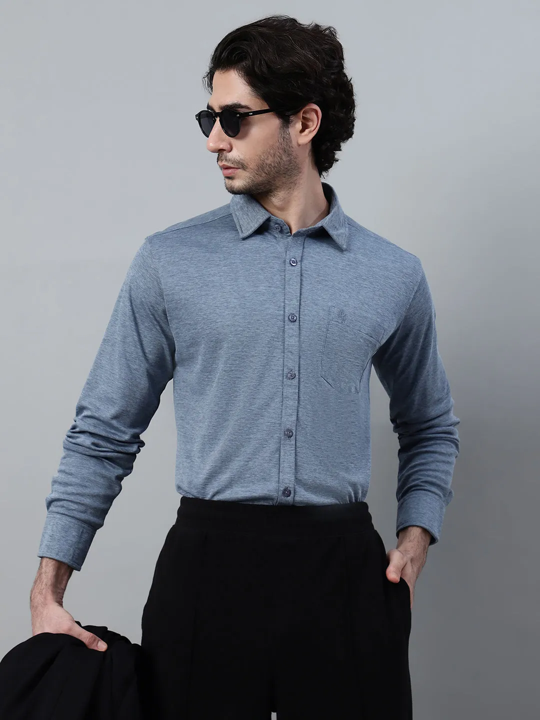 Men's Blue Melange Casual Knit Self Textured Full Sleeve Shirt