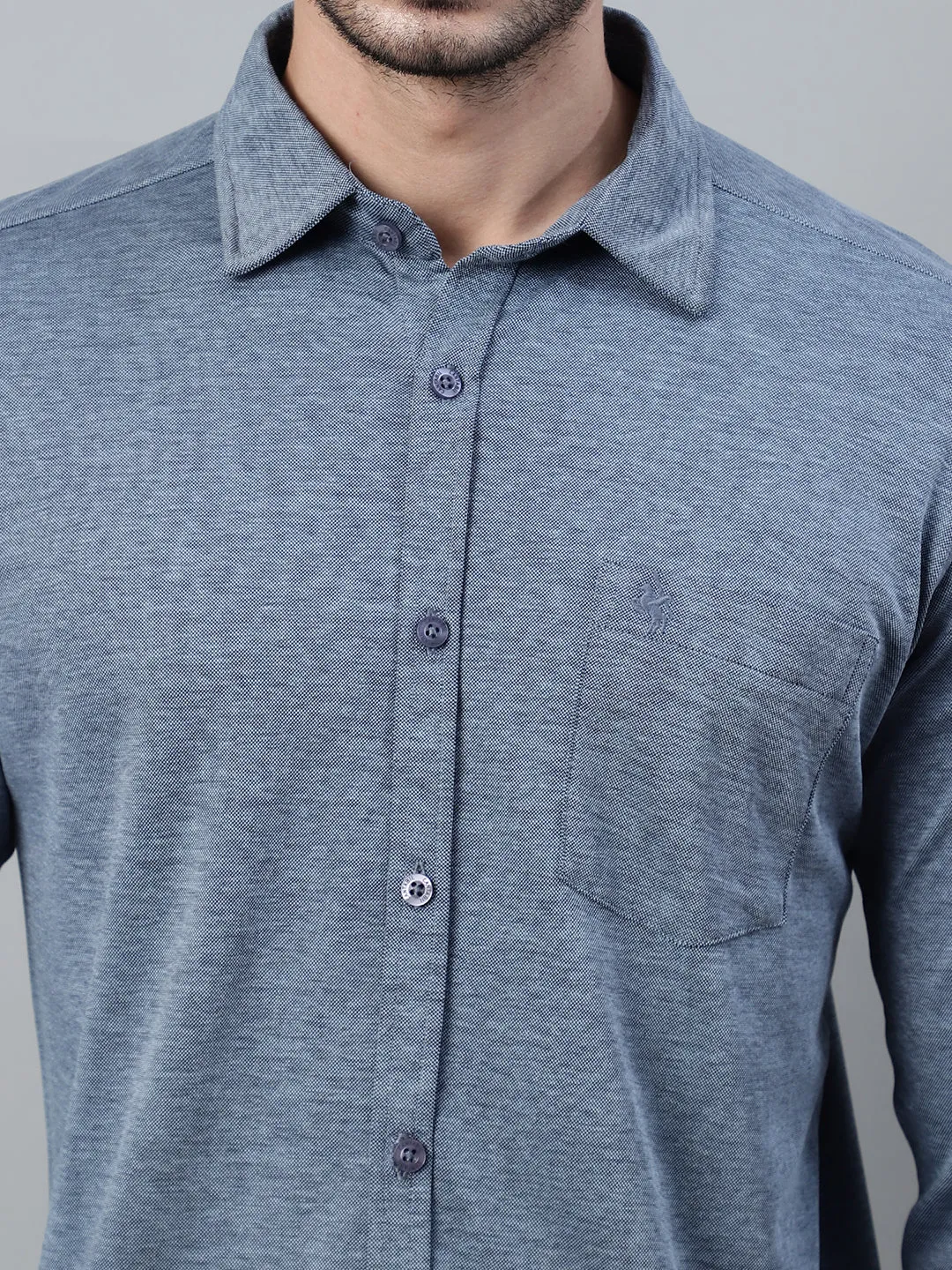 Men's Blue Melange Casual Knit Self Textured Full Sleeve Shirt