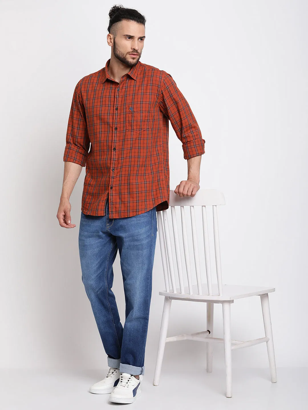 Men's Brick Red Casual Medium Checks Full Sleeve Shirt