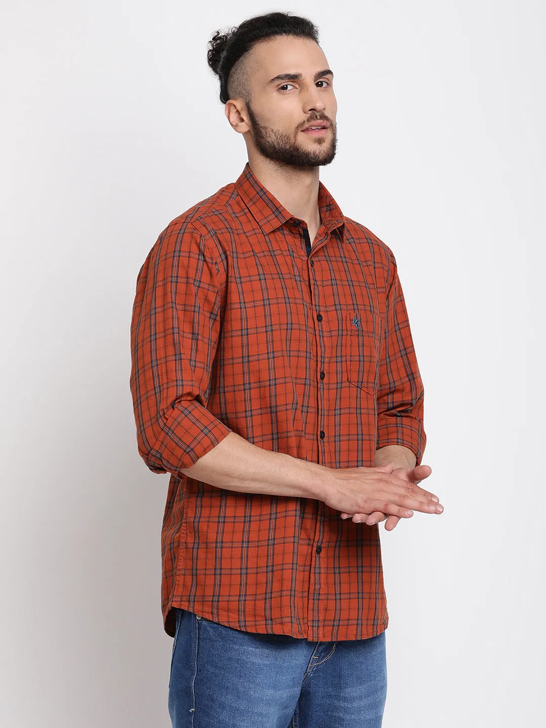 Men's Brick Red Casual Medium Checks Full Sleeve Shirt