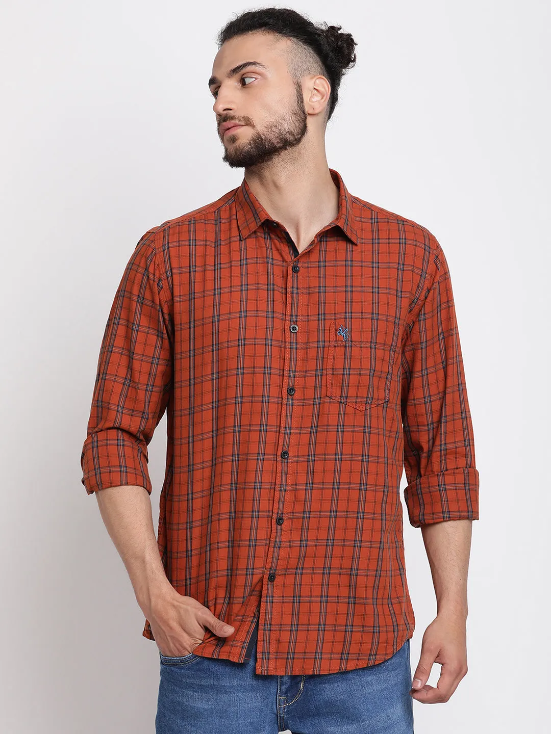 Men's Brick Red Casual Medium Checks Full Sleeve Shirt