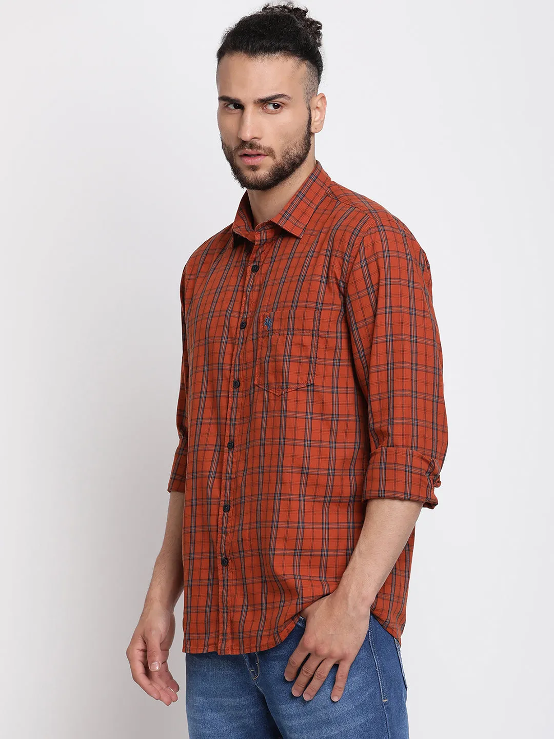 Men's Brick Red Casual Medium Checks Full Sleeve Shirt