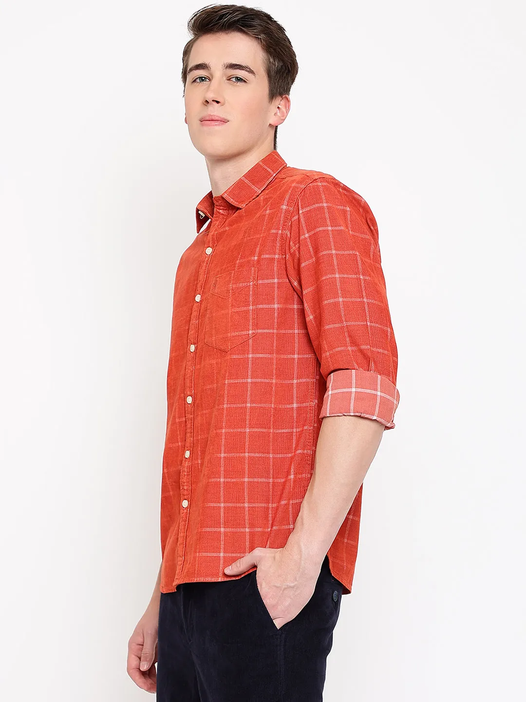 Men's Bright Red Casual Medium Checks Print Corduroy Full Sleeve Shirt