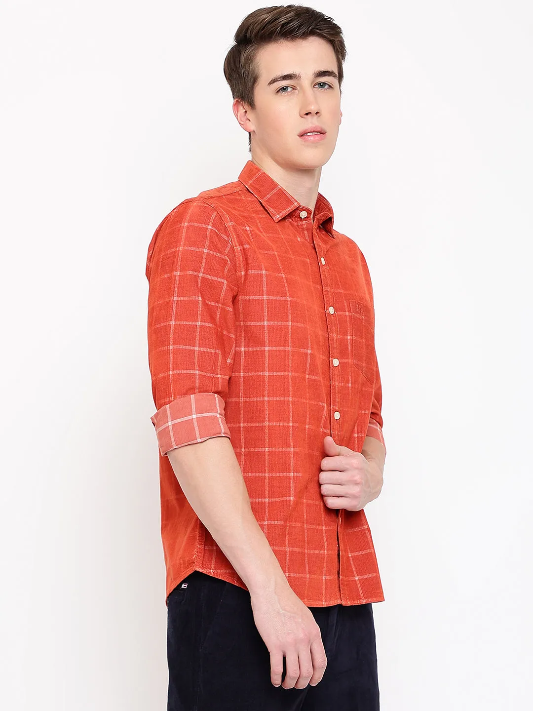 Men's Bright Red Casual Medium Checks Print Corduroy Full Sleeve Shirt