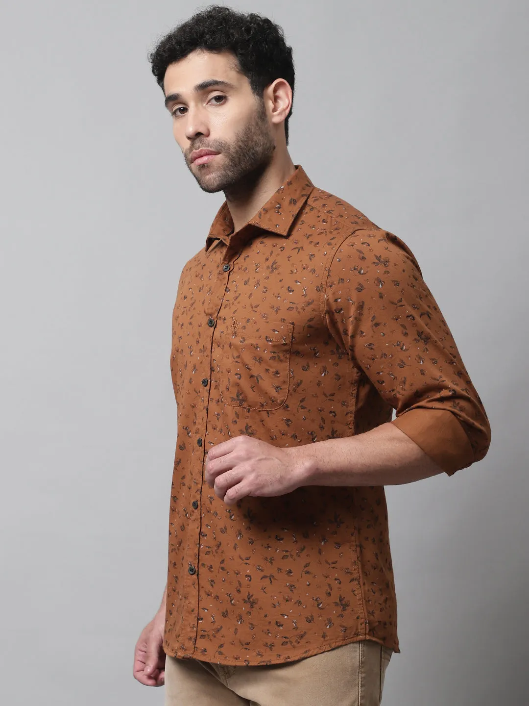 Men's Brown Casual Floral Print Full Sleeve Shirt