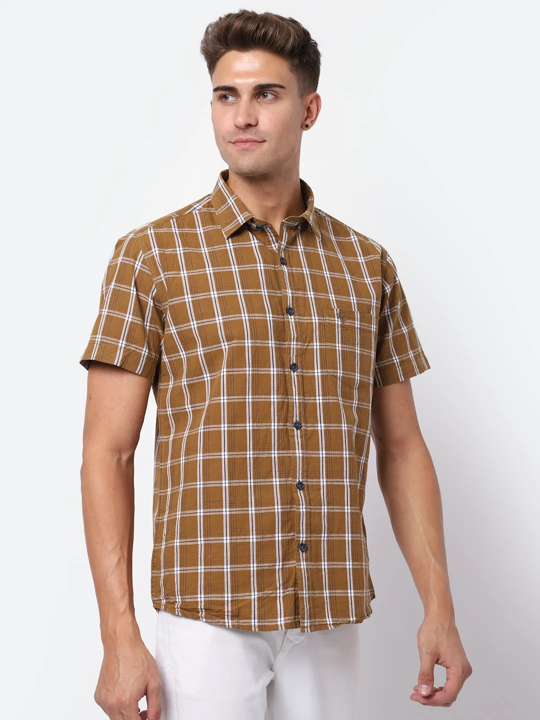 Men's Brown Casual Medium Checks Half Sleeve Shirt