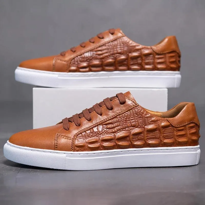 Men's Casual Shoes - Crocodile Pattern Handmade Leather Sneakers - TSS199