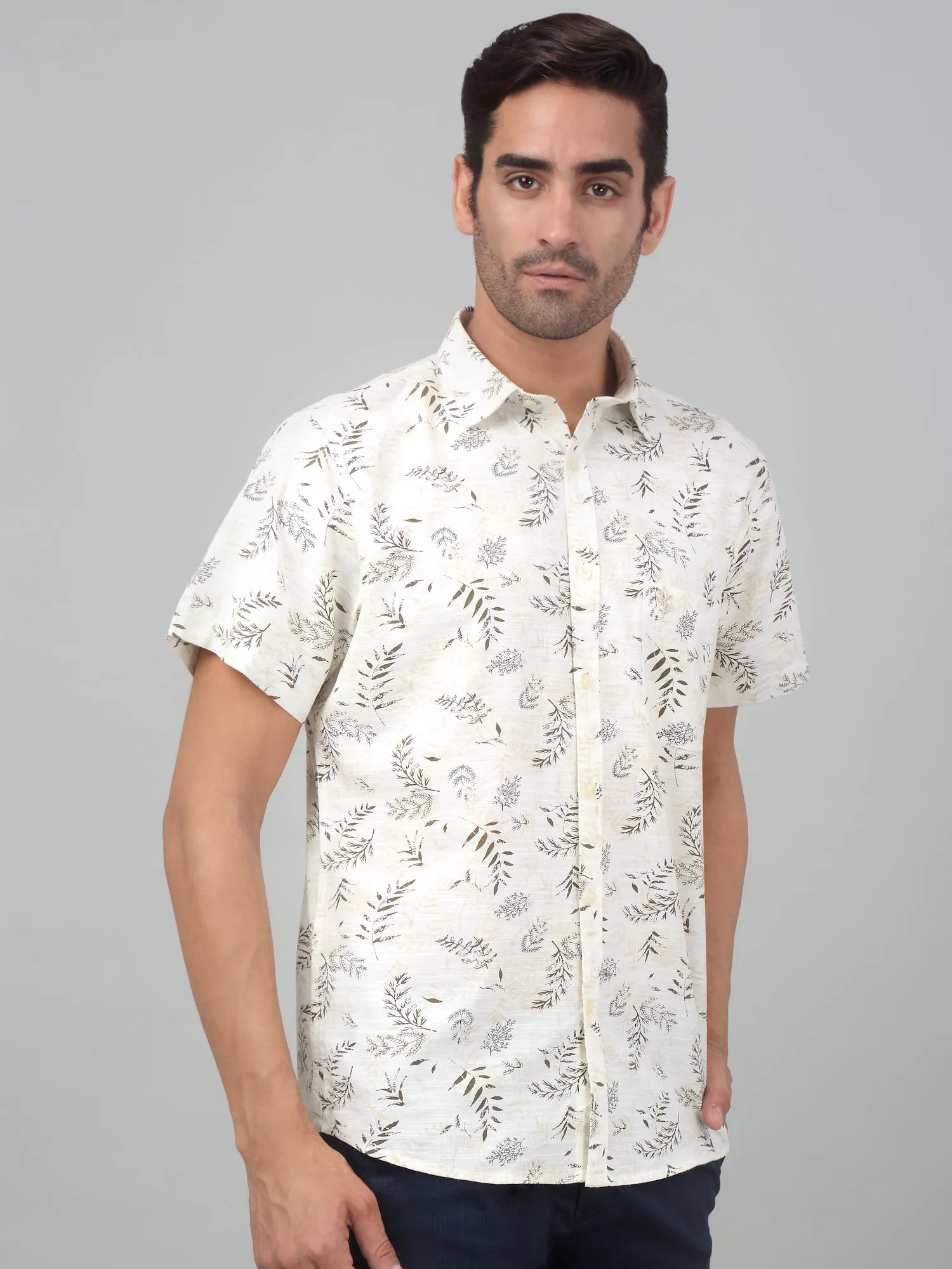 Men's Cream Casual Floral Print Half sleeve Shirt