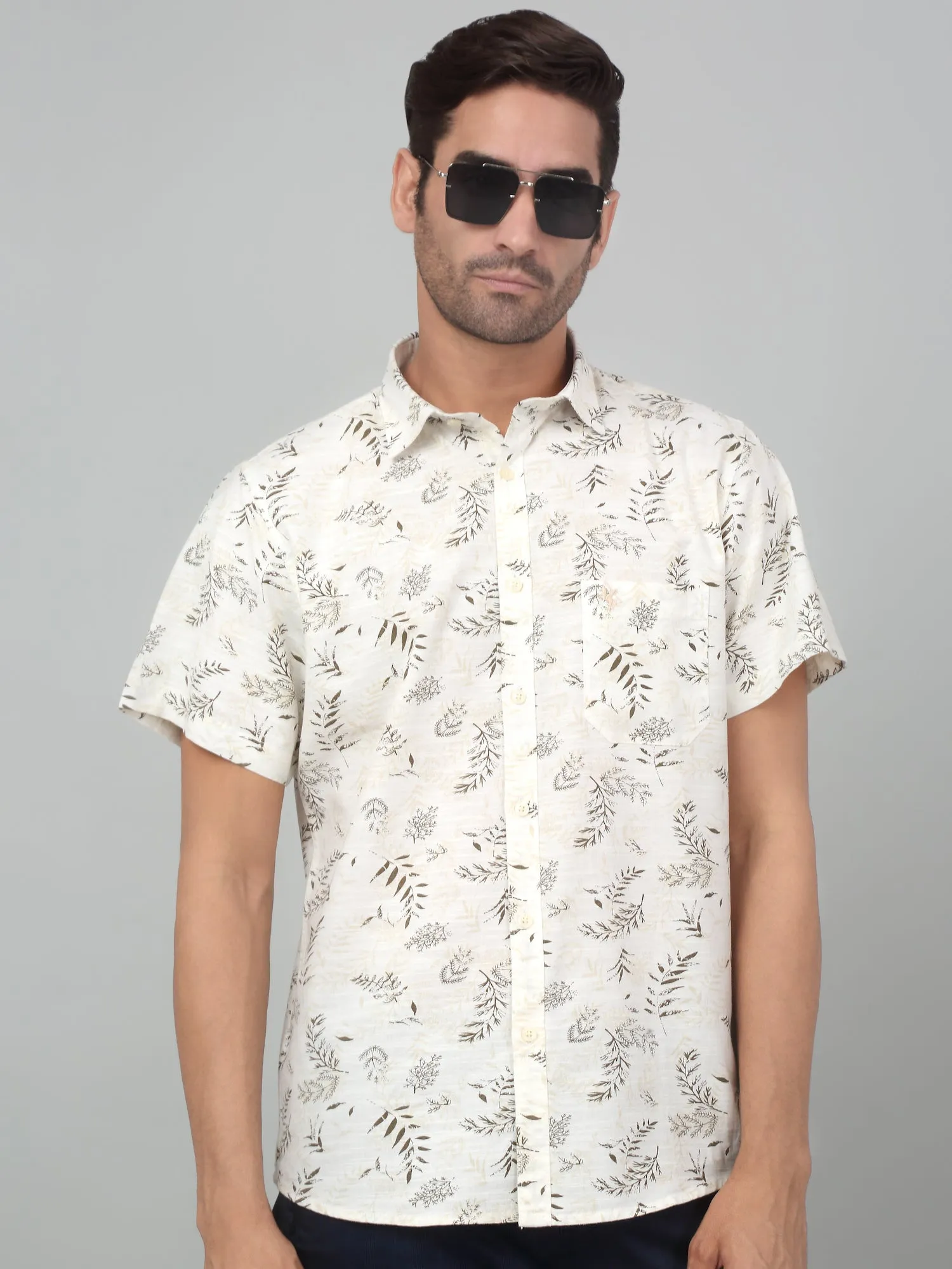 Men's Cream Casual Floral Print Half sleeve Shirt