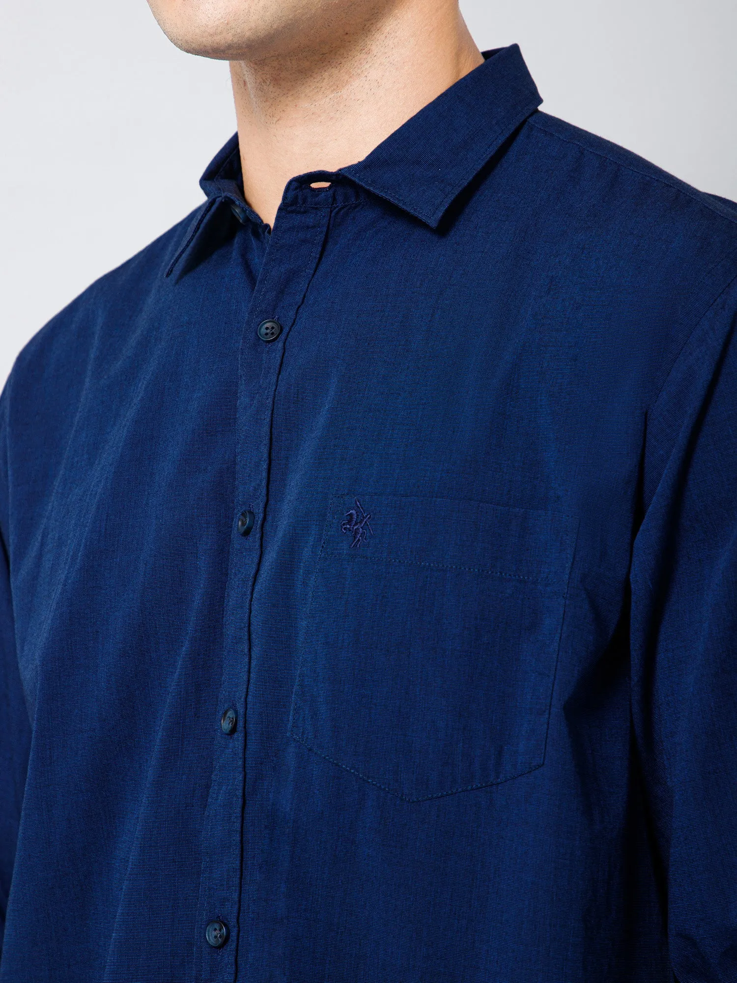 Men's Dark Blue Casual Fil a Fil Plain Full Sleeve Shirt