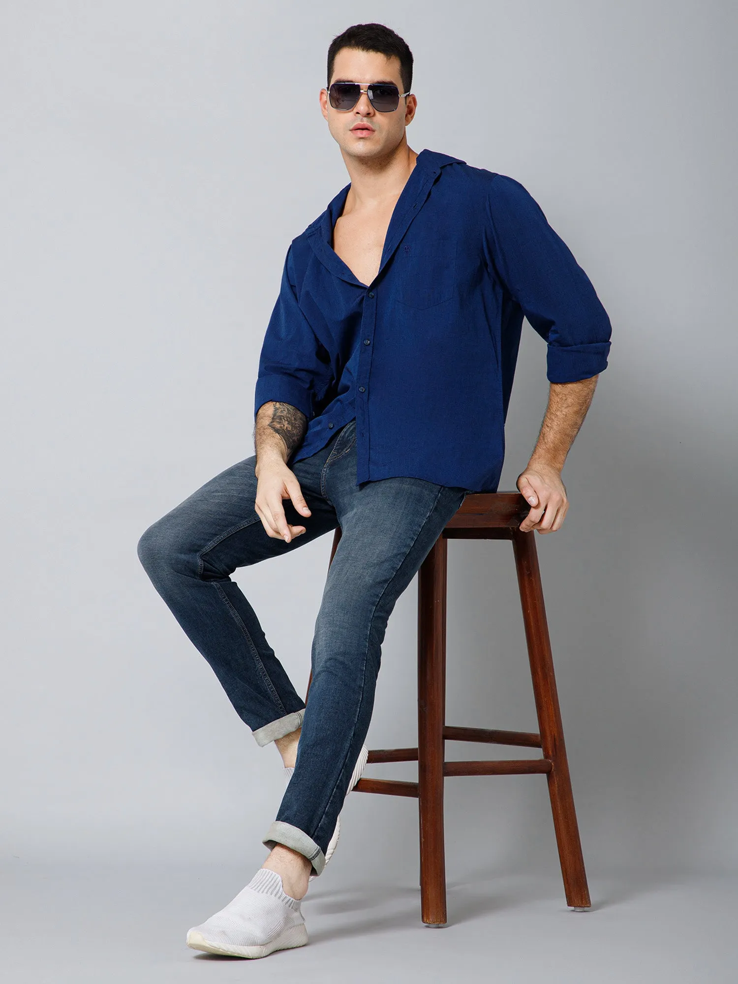 Men's Dark Blue Casual Fil a Fil Plain Full Sleeve Shirt