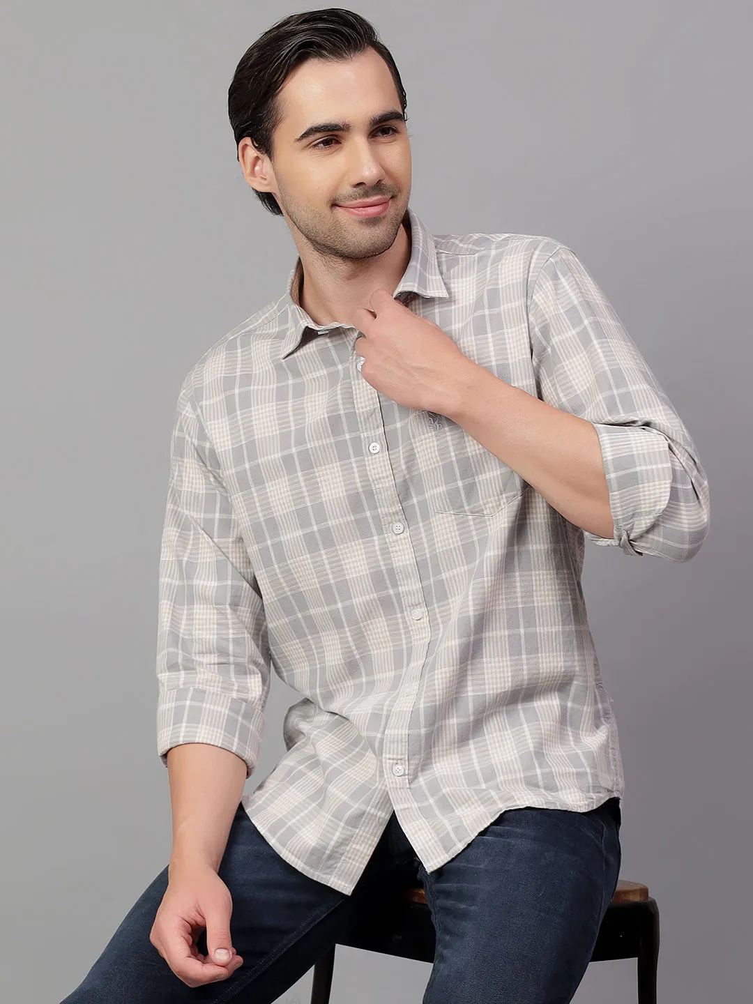 Men's Grey Checked Full Sleeve Casual Shirt