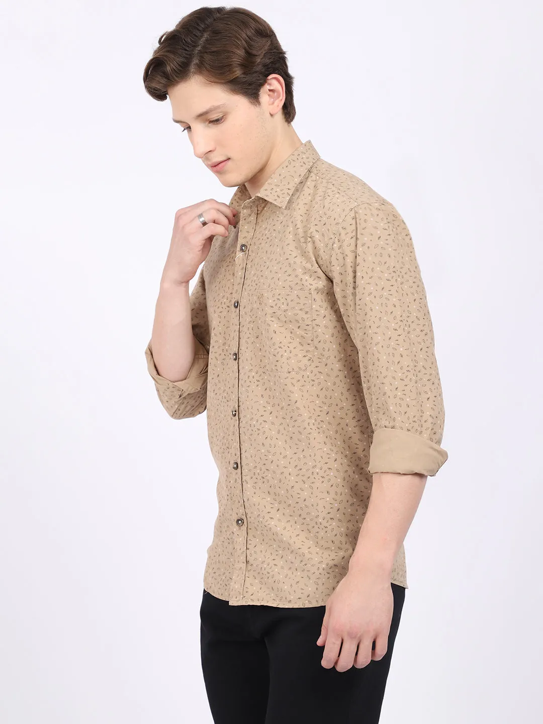 Men's Khaki Casual Ditsy Print Full Sleeve Shirt