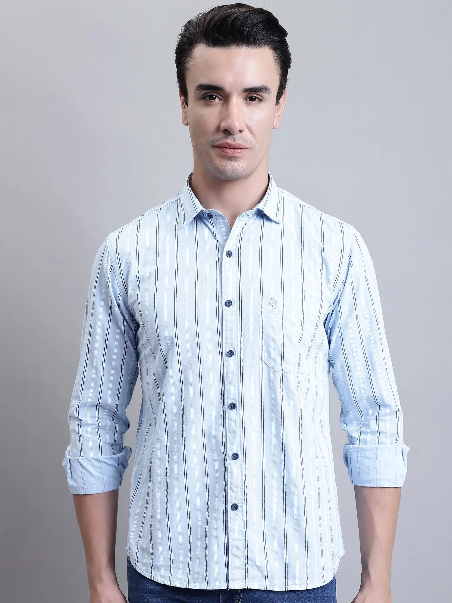 Men's Light Blue Casual Stripe Print Full Sleeve Shirt