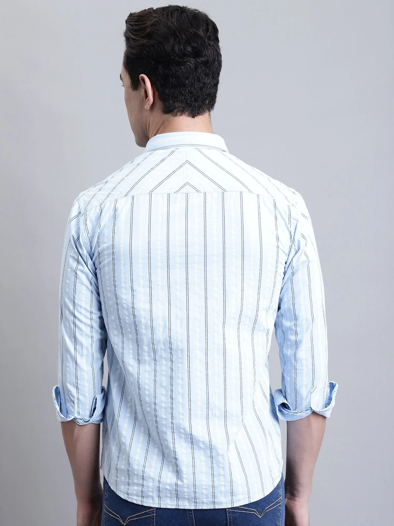 Men's Light Blue Casual Stripe Print Full Sleeve Shirt