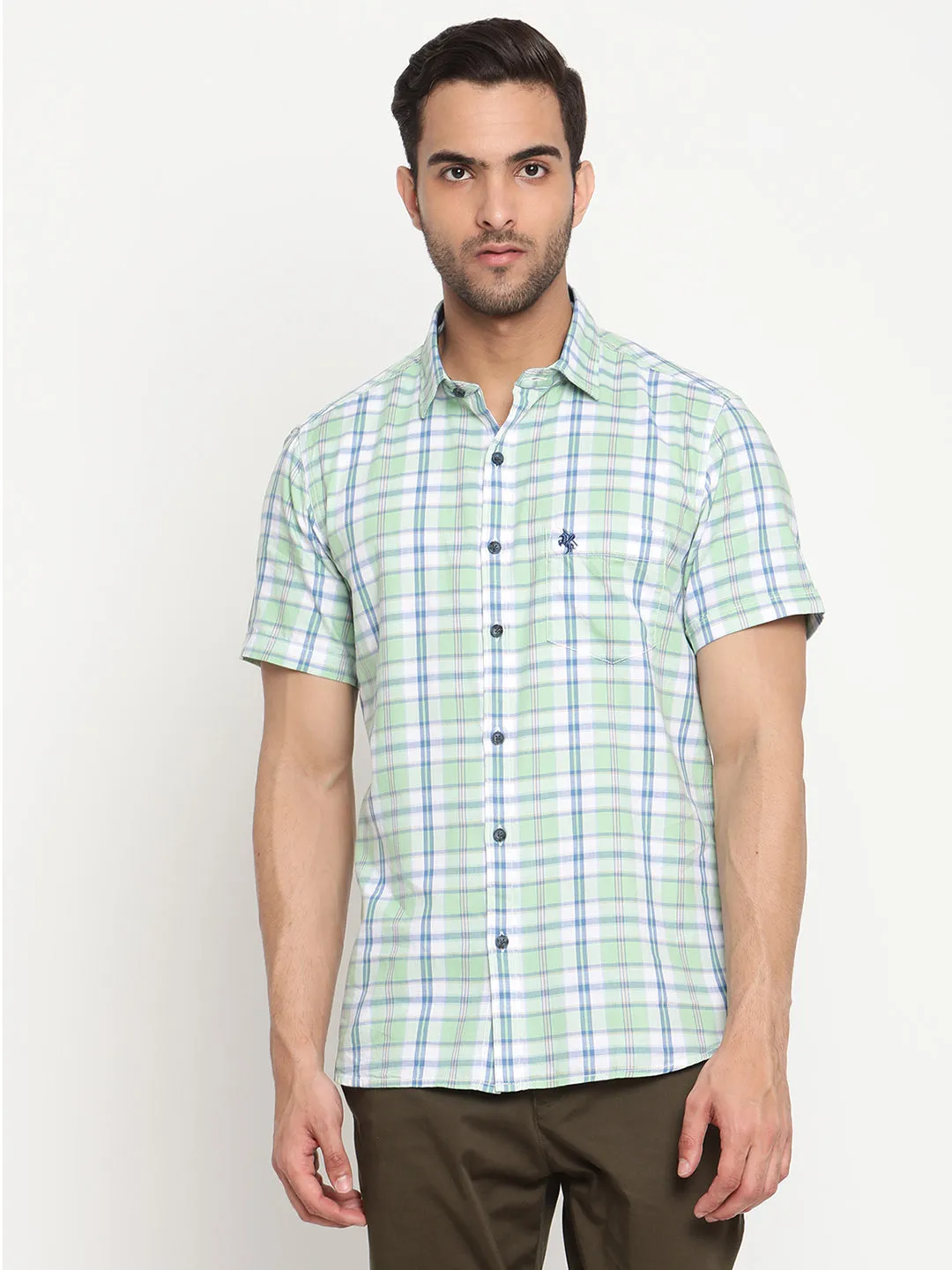 Men's Light Green Casual Medium Checks Half Sleeve Shirt