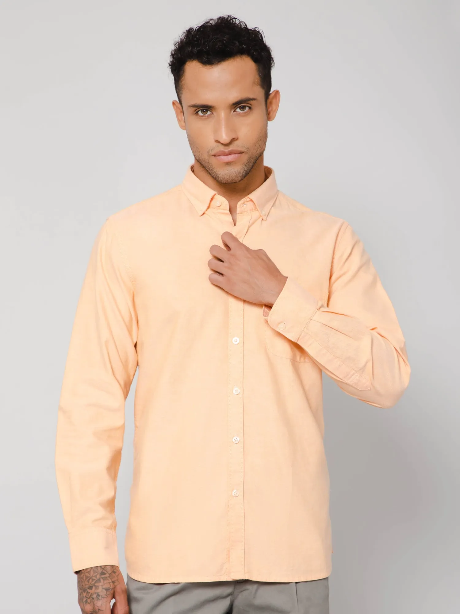 Men's Light Orange Casual Plain Full Sleeve Shirt