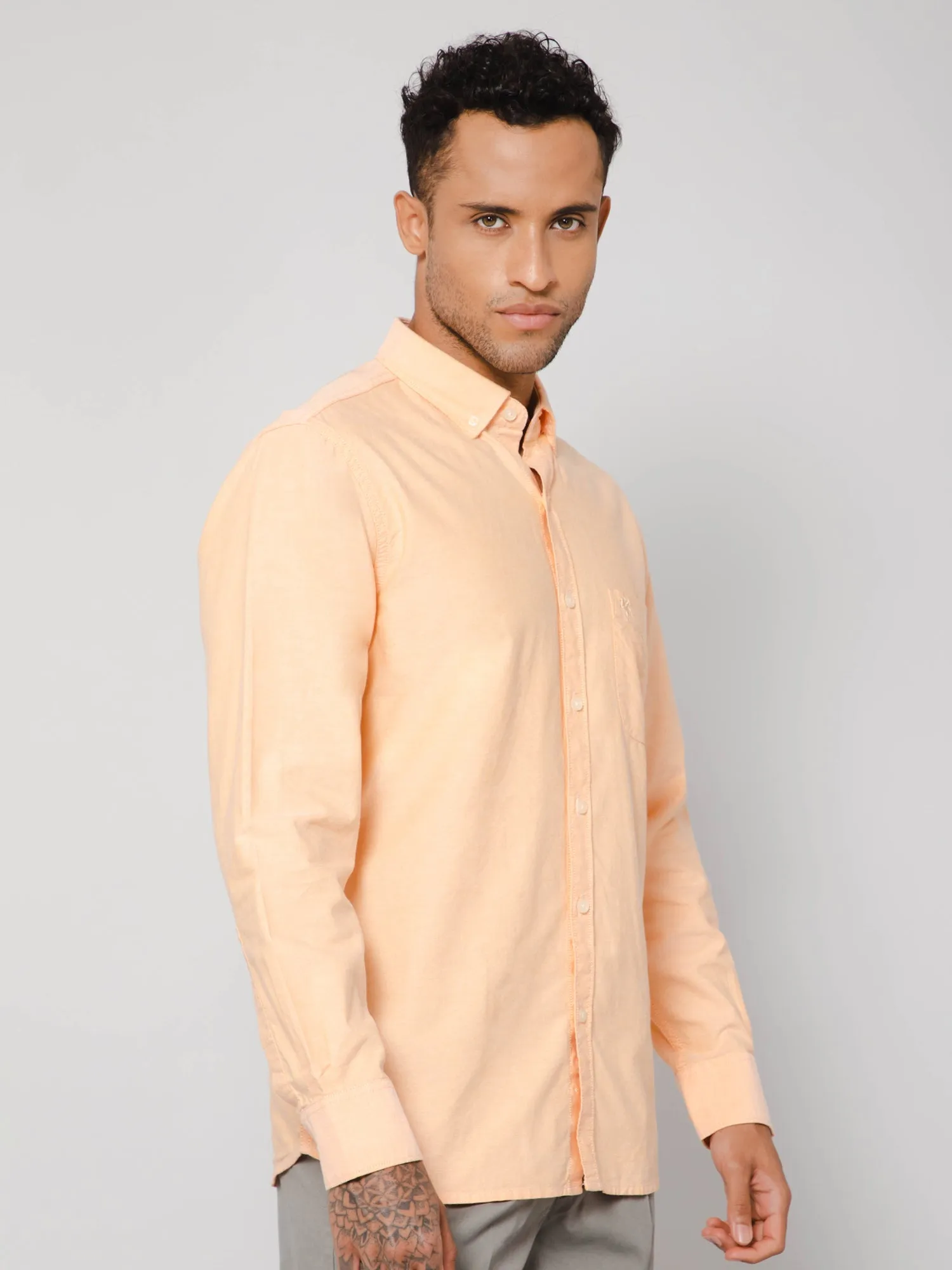 Men's Light Orange Casual Plain Full Sleeve Shirt