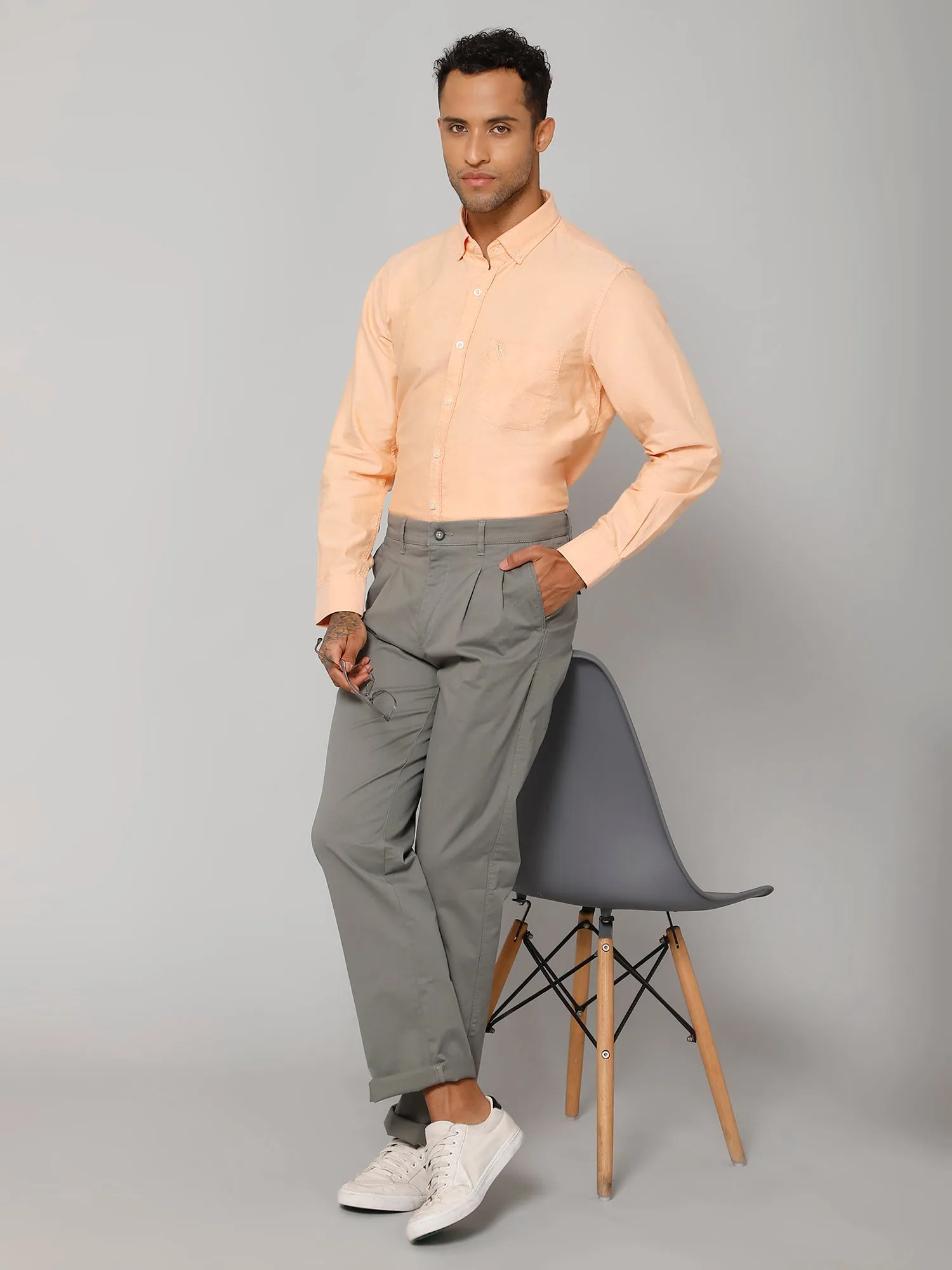 Men's Light Orange Casual Plain Full Sleeve Shirt