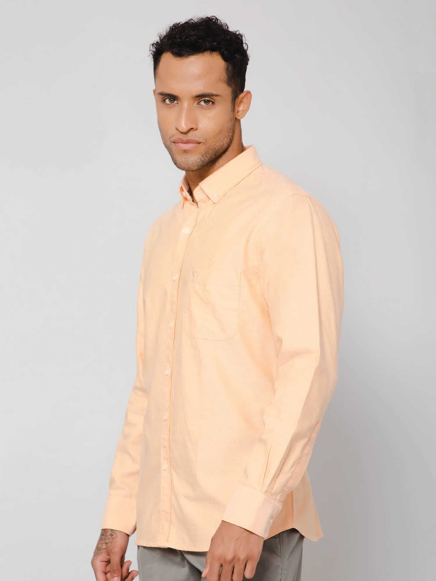 Men's Light Orange Casual Plain Full Sleeve Shirt