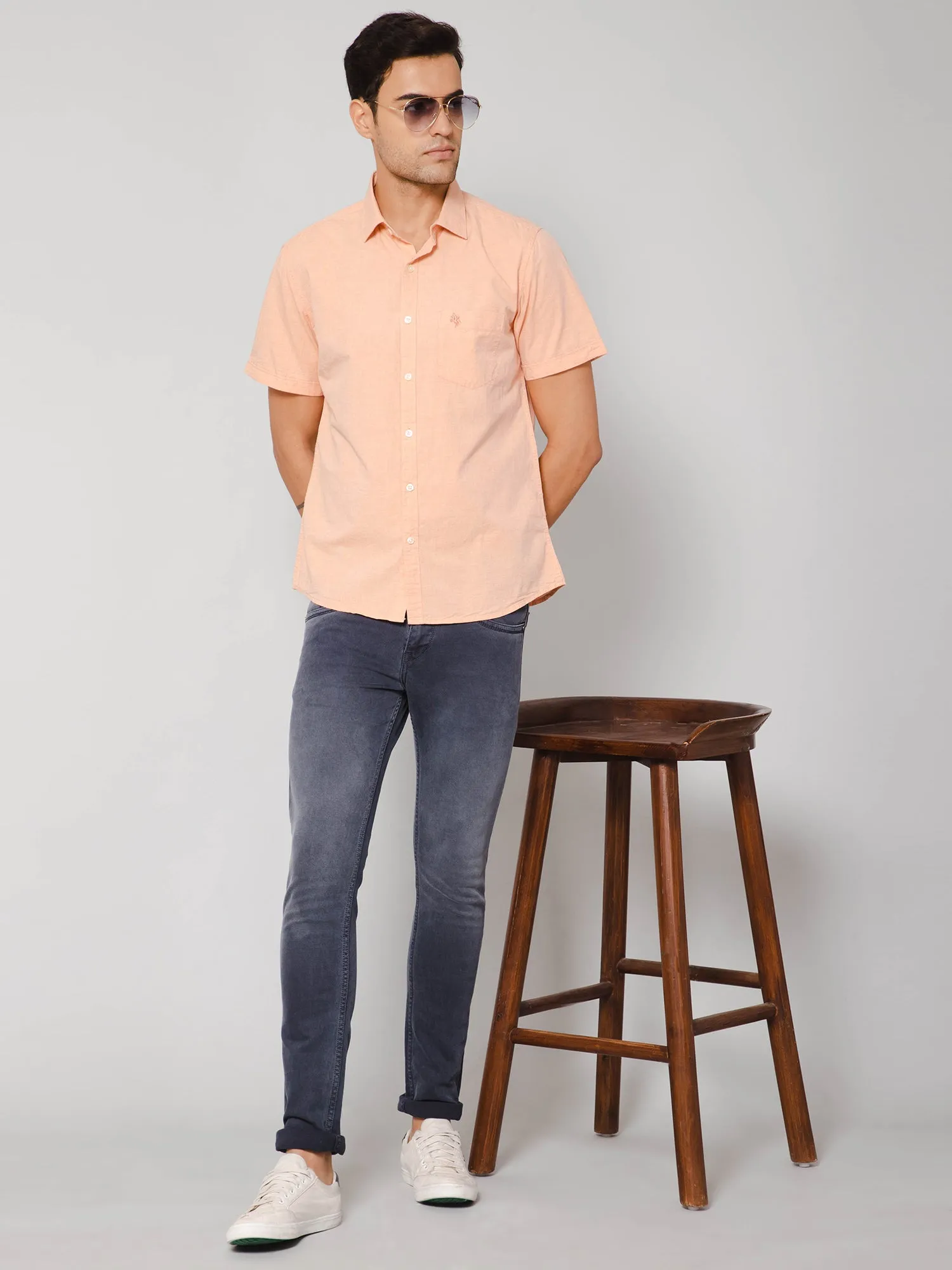 Men's Light Orange Casual Plain Half Sleeve Shirt