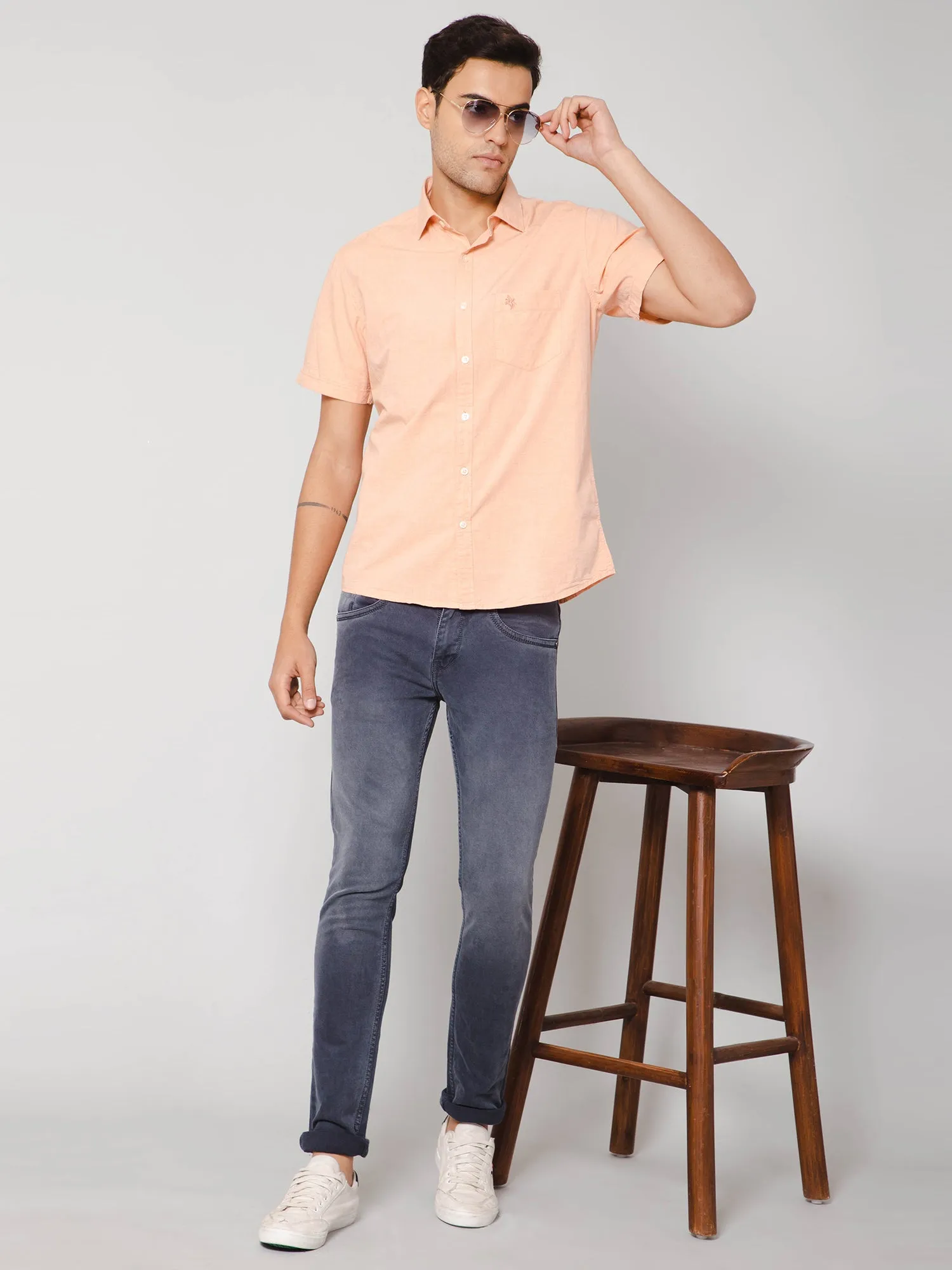 Men's Light Orange Casual Plain Half Sleeve Shirt