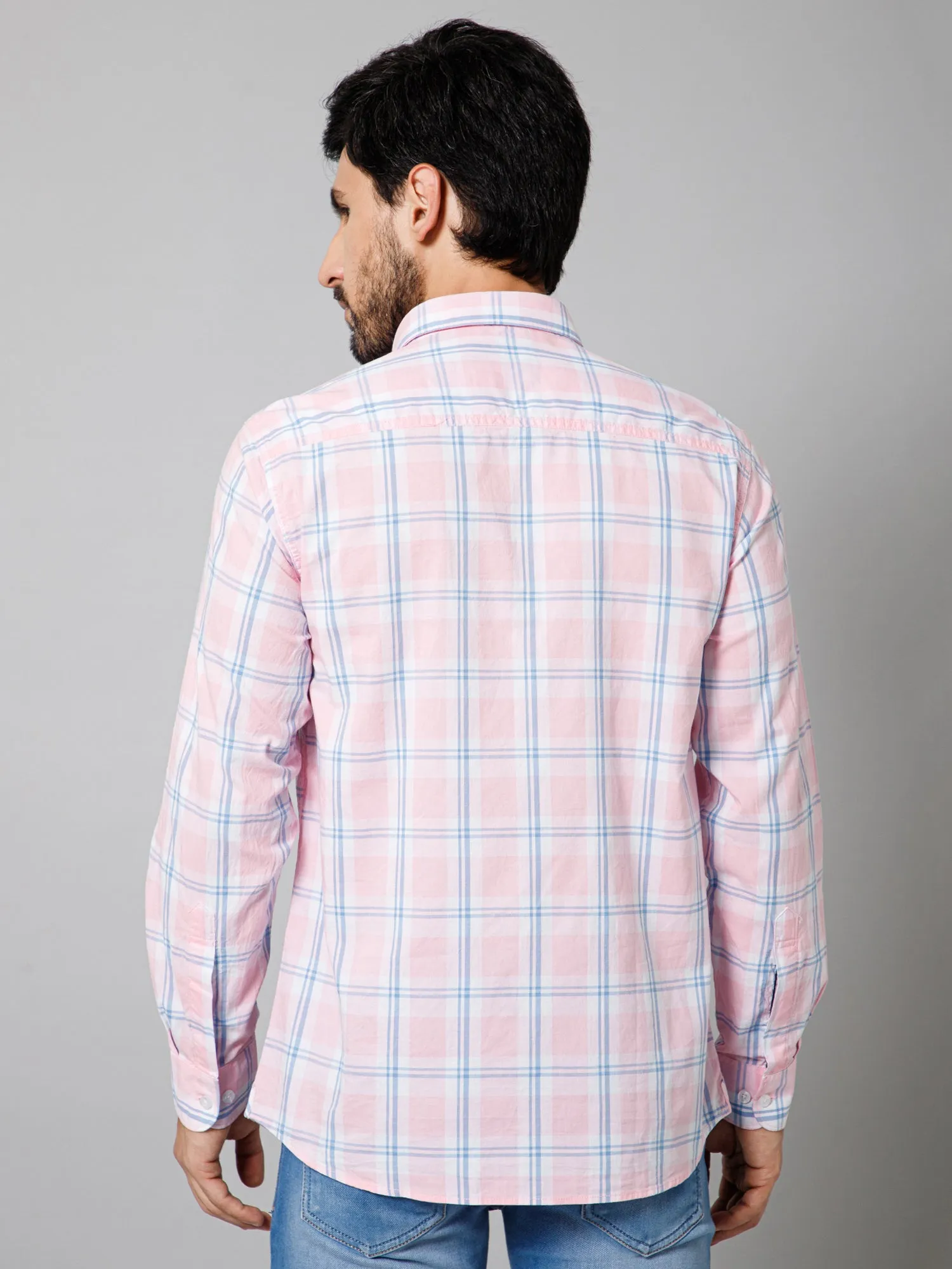 Men's Light Pink Casual Big Checks Full Sleeve Shirt