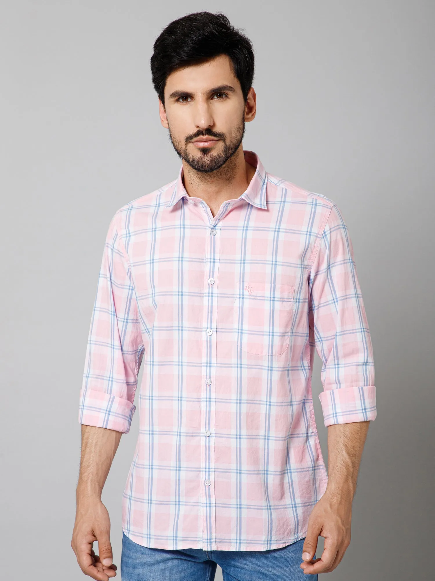 Men's Light Pink Casual Big Checks Full Sleeve Shirt