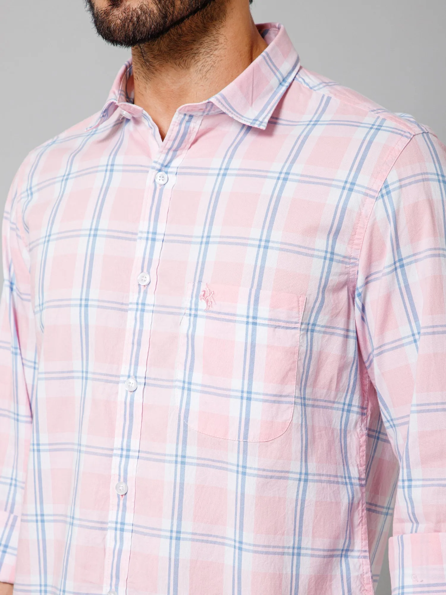 Men's Light Pink Casual Big Checks Full Sleeve Shirt