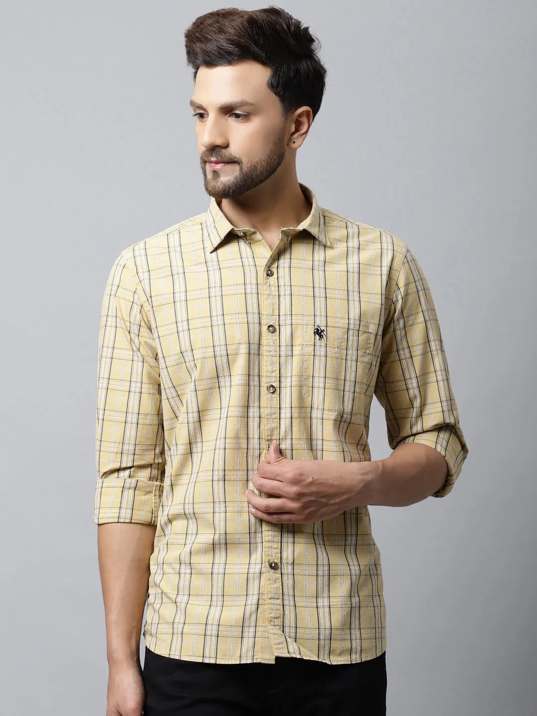 Men's Light Yellow Casual Medium Checks Full Sleeve Shirt