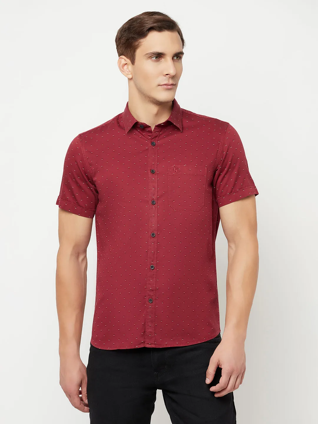 Men's Maroon Casual Geometric Print Half Sleeve Shirt