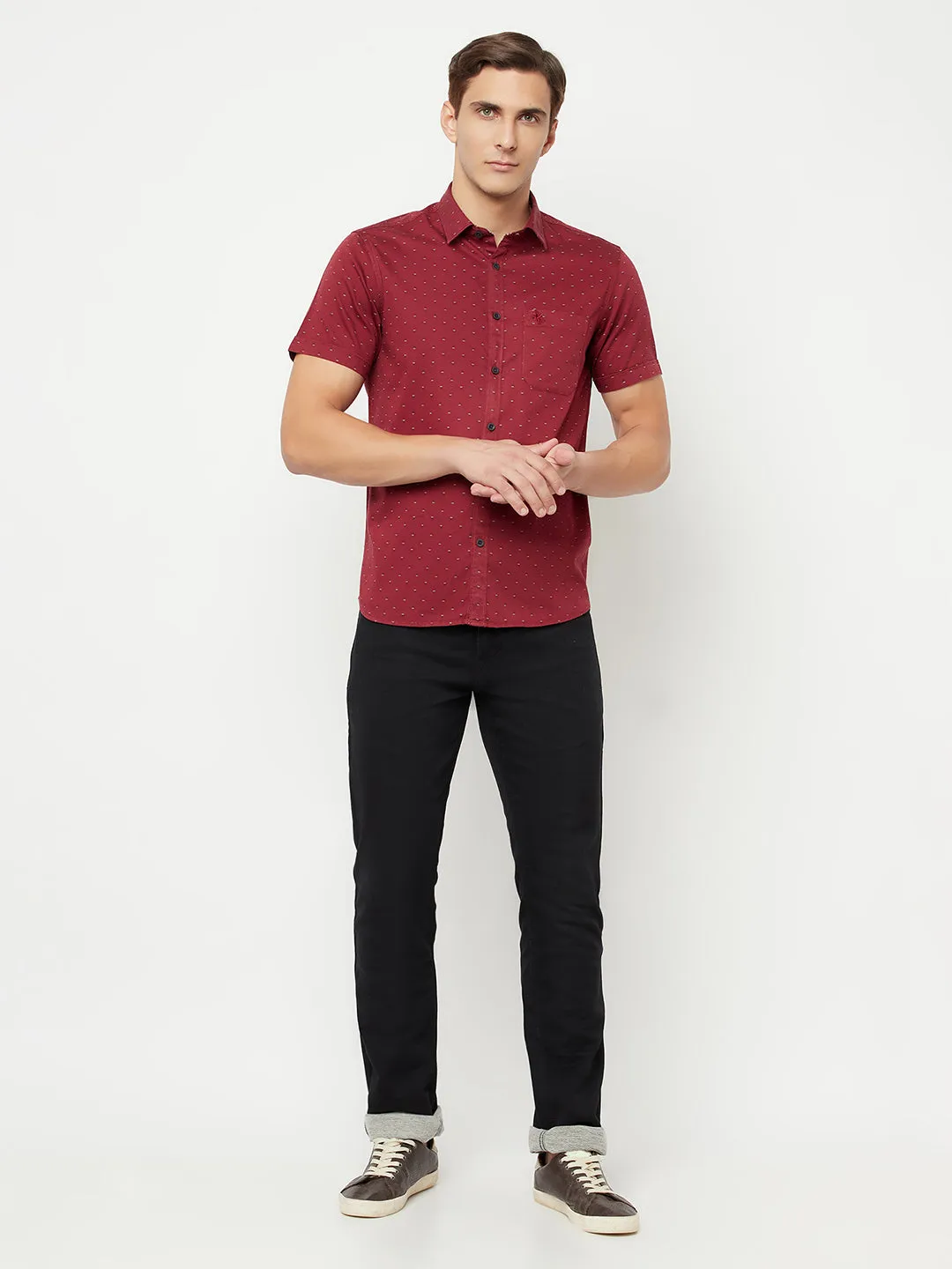 Men's Maroon Casual Geometric Print Half Sleeve Shirt