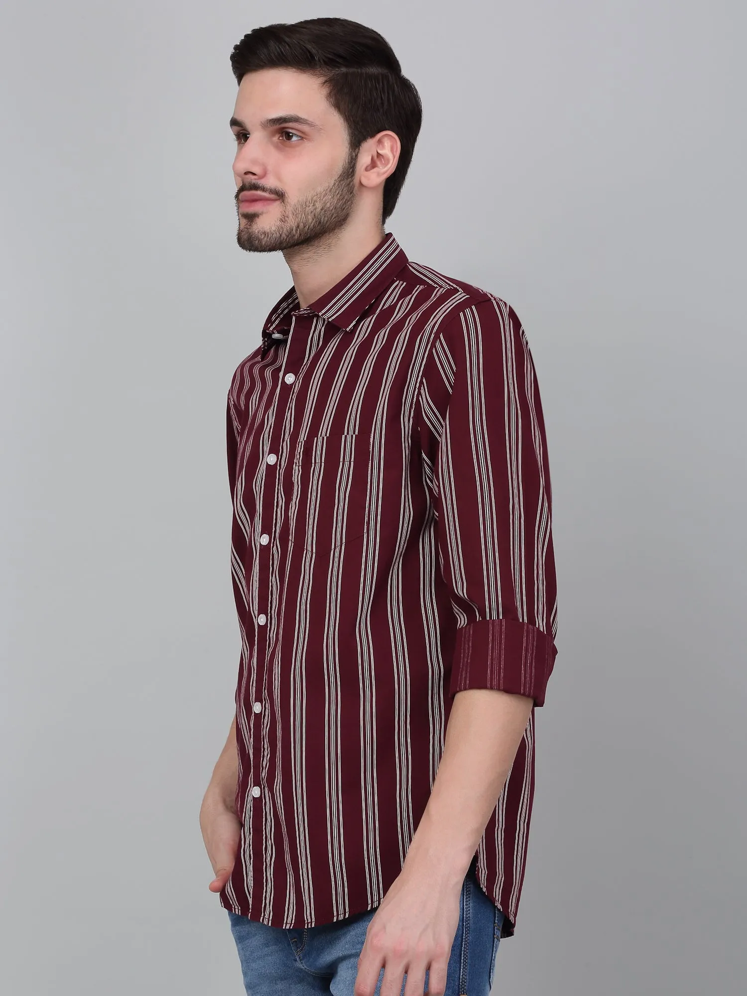 Men's Maroon Striped Full Sleeve Casual Shirt