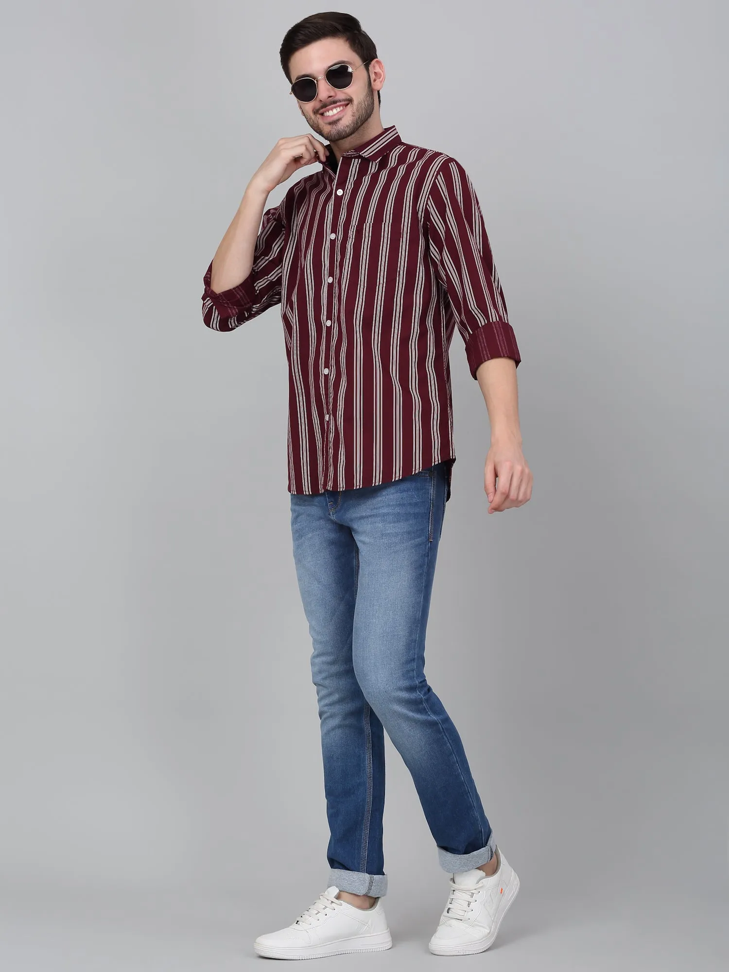 Men's Maroon Striped Full Sleeve Casual Shirt