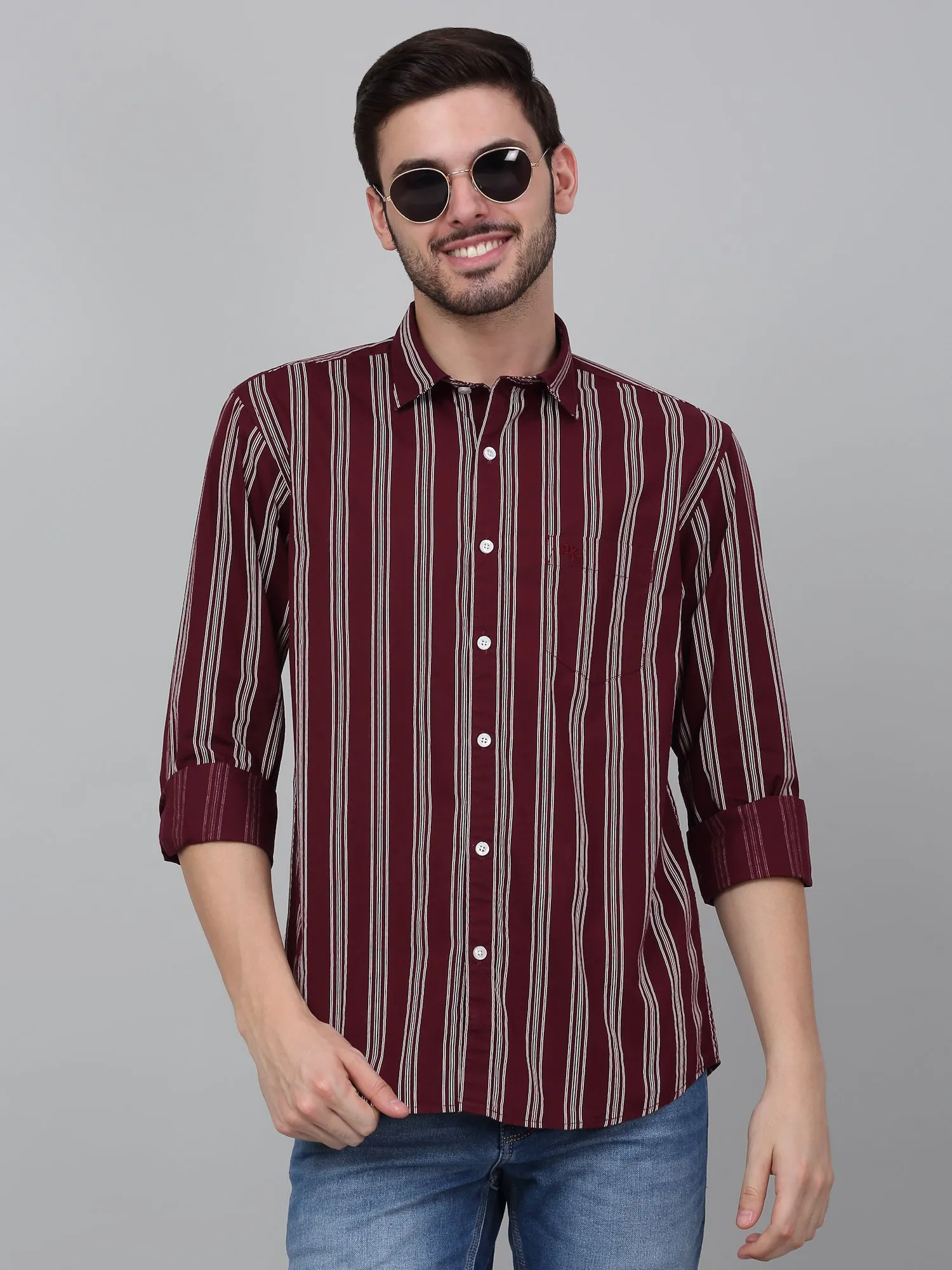 Men's Maroon Striped Full Sleeve Casual Shirt