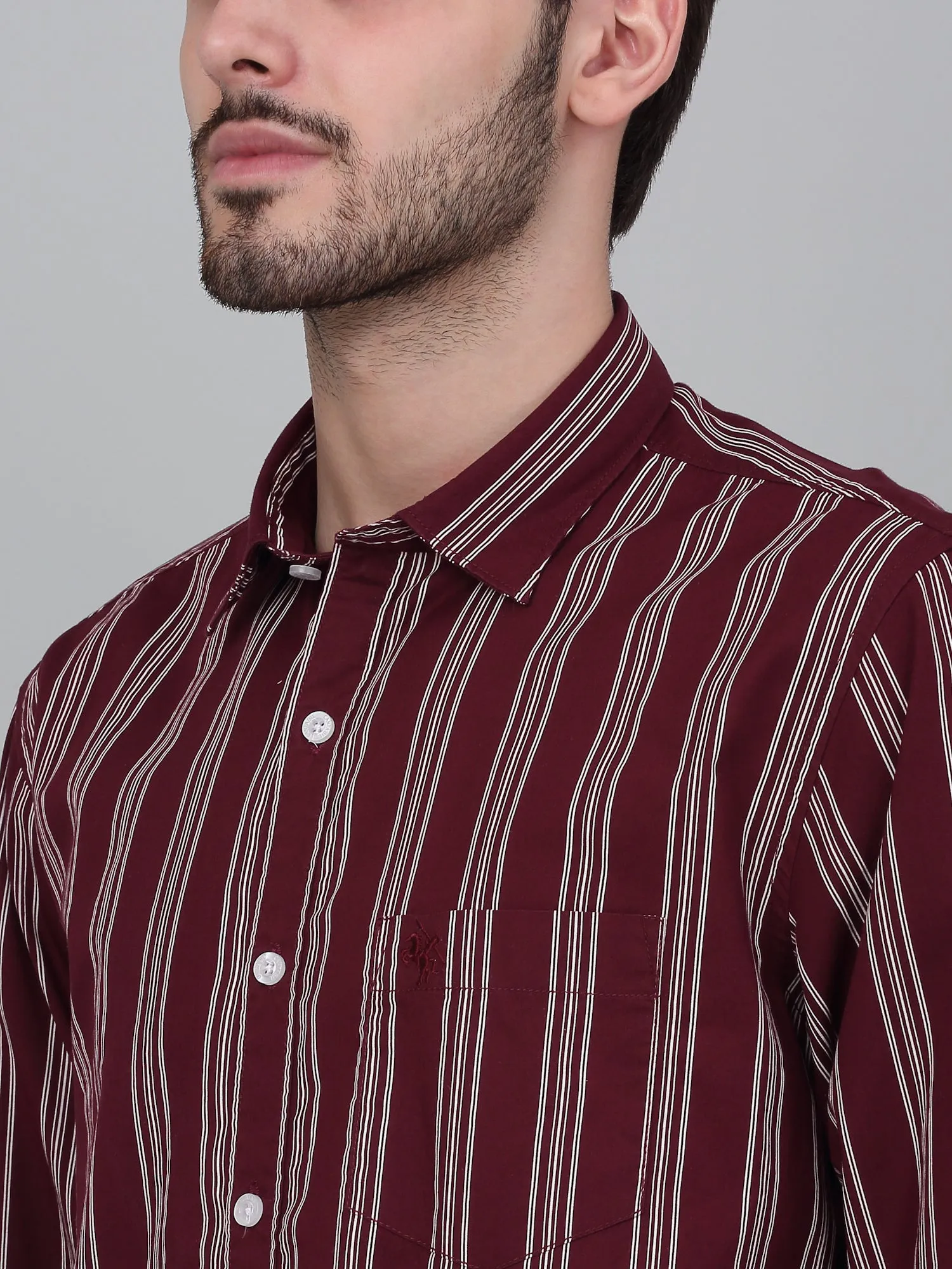 Men's Maroon Striped Full Sleeve Casual Shirt