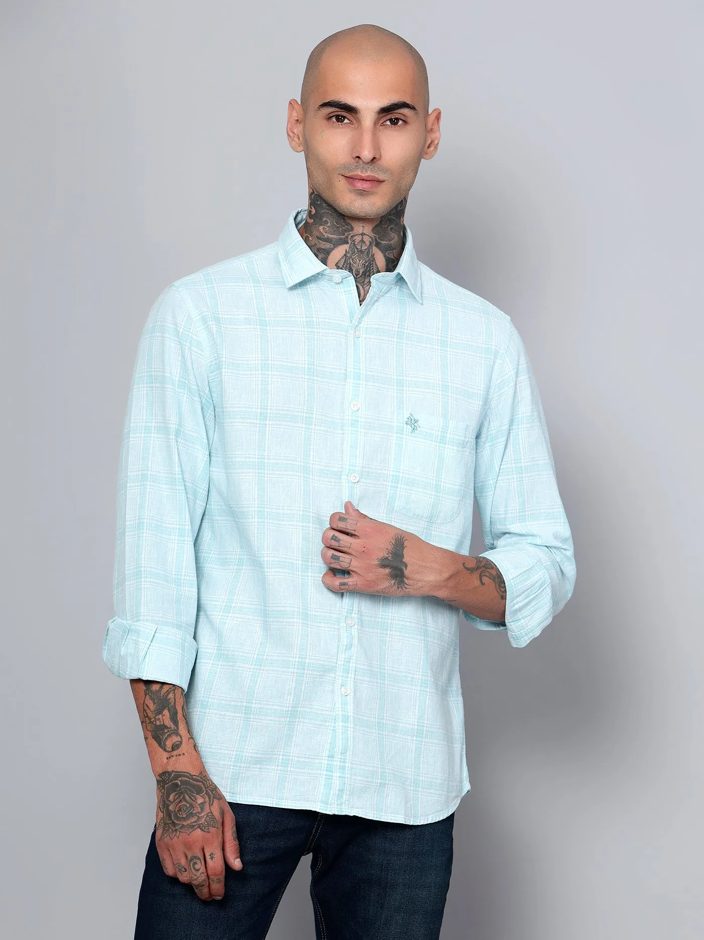 Men's Mint Blue Casual Big Checks Full Sleeve Shirt