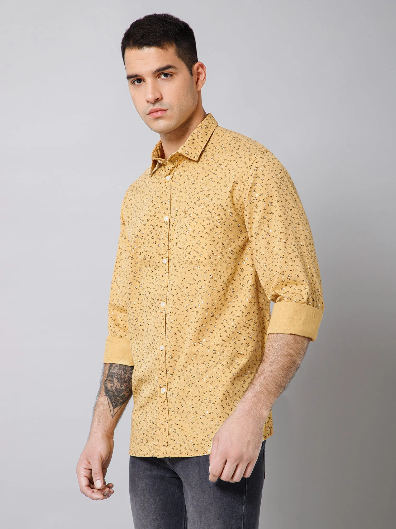 Men's Mustard Casual Floral Print Full Sleeve Shirt