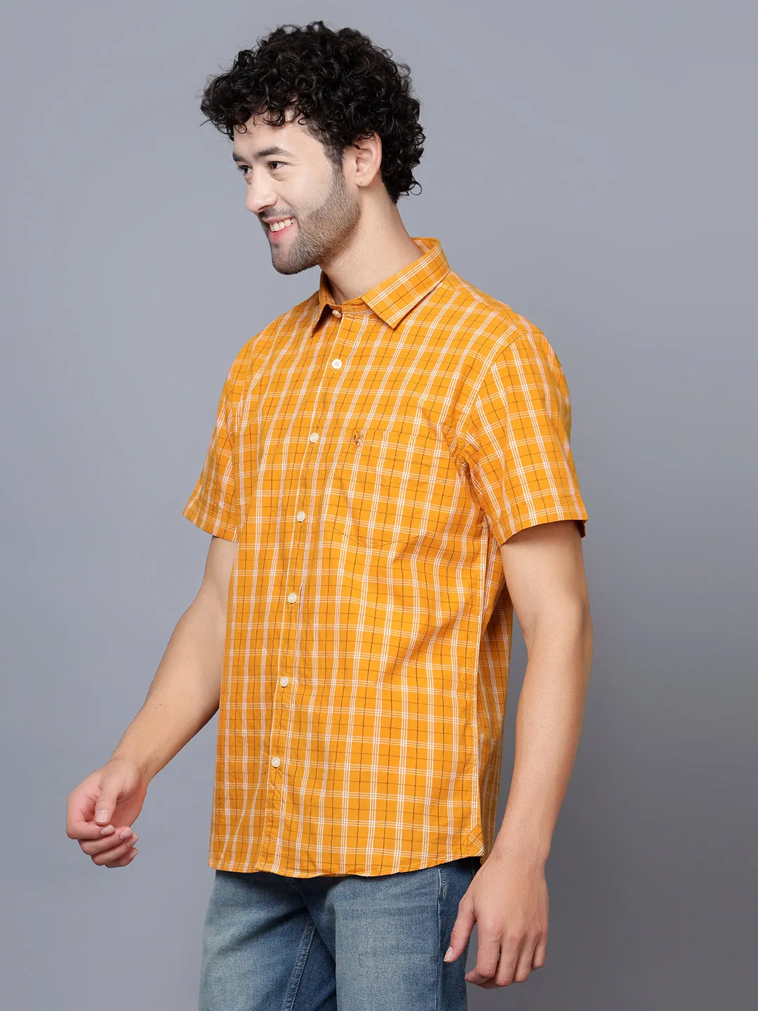 Men's Mustard Casual Medium Checks Half Sleeve Shirt