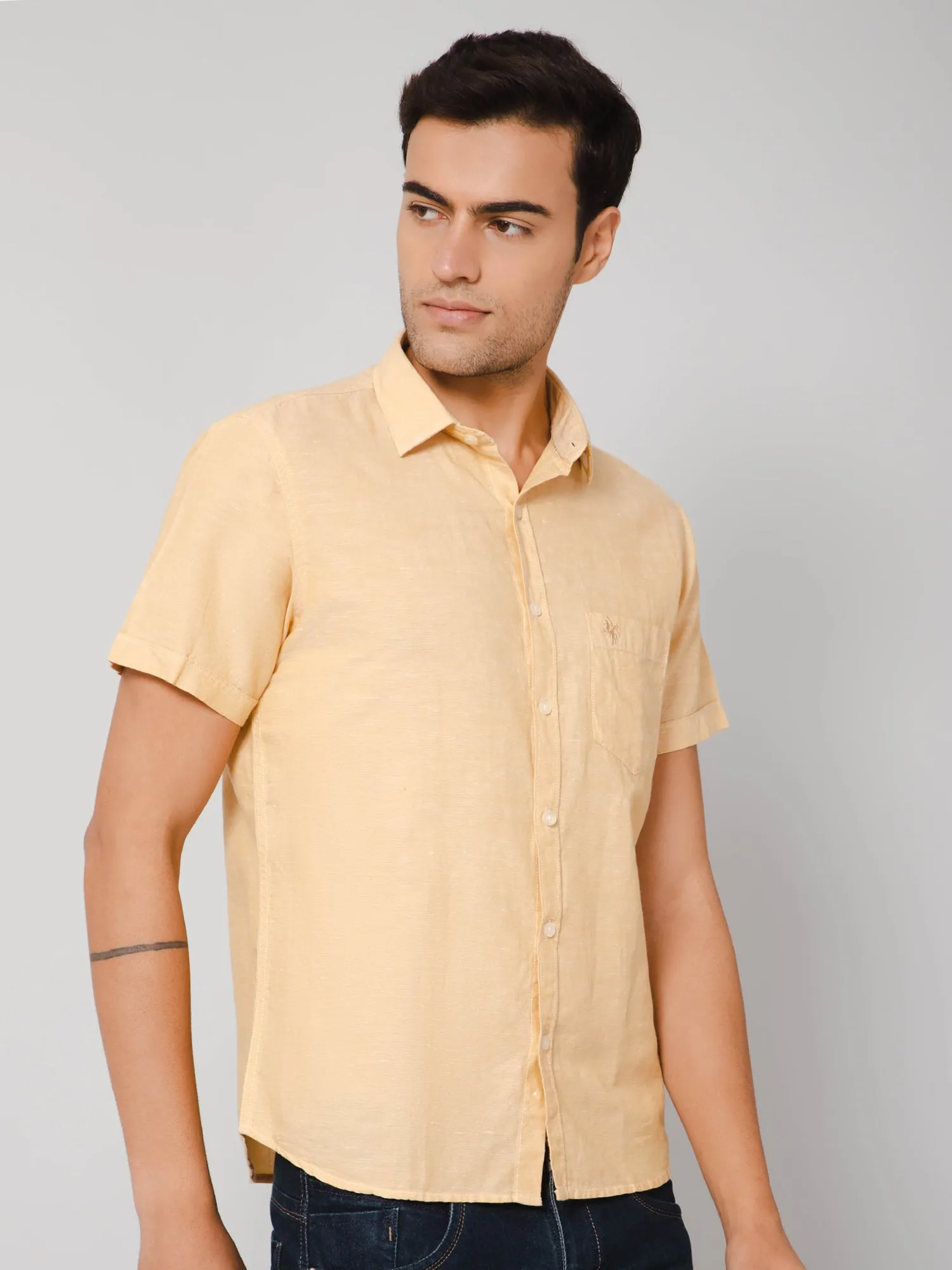 Men's Mustard Casual Plain Half Sleeve Shirt