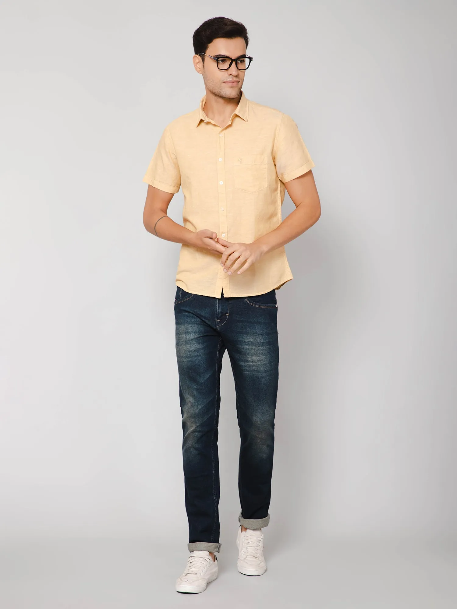 Men's Mustard Casual Plain Half Sleeve Shirt