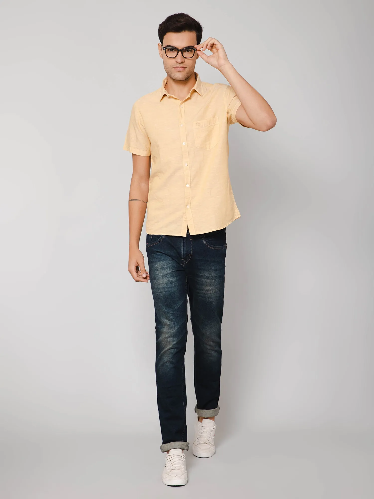 Men's Mustard Casual Plain Half Sleeve Shirt