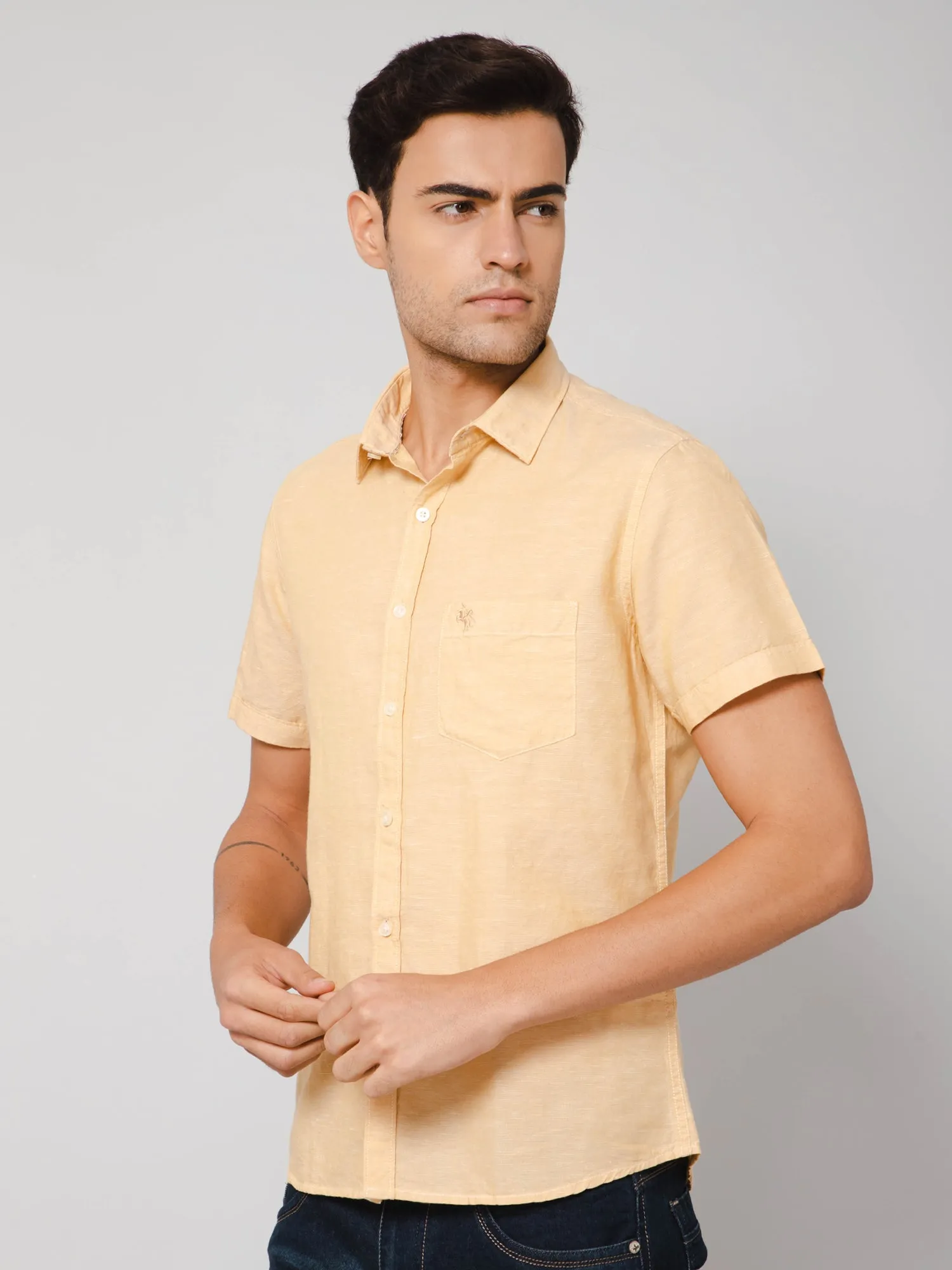 Men's Mustard Casual Plain Half Sleeve Shirt